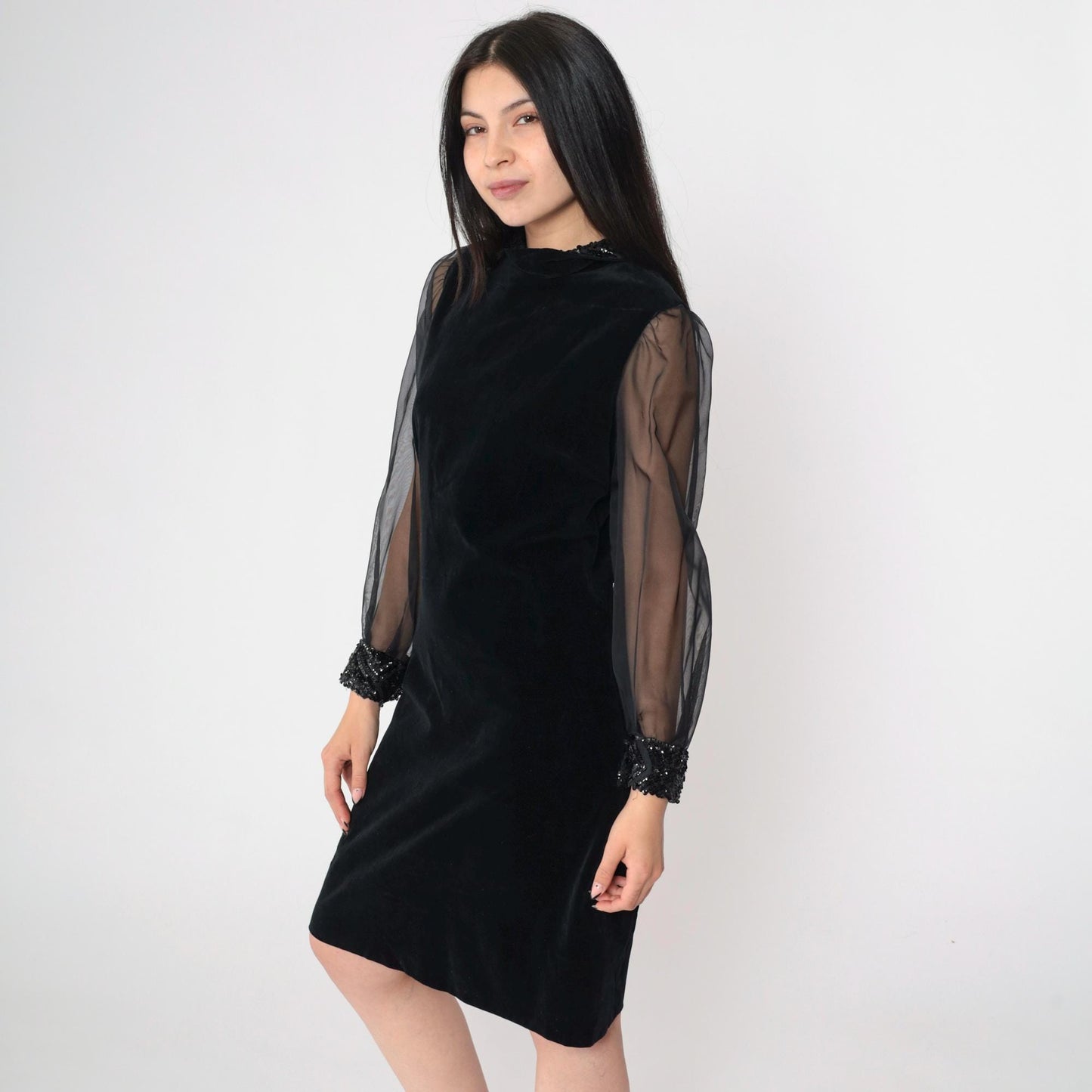 60s Bobbie Brooks Black Velvet Mini Dress Sequin Chiffon Sleeve Small