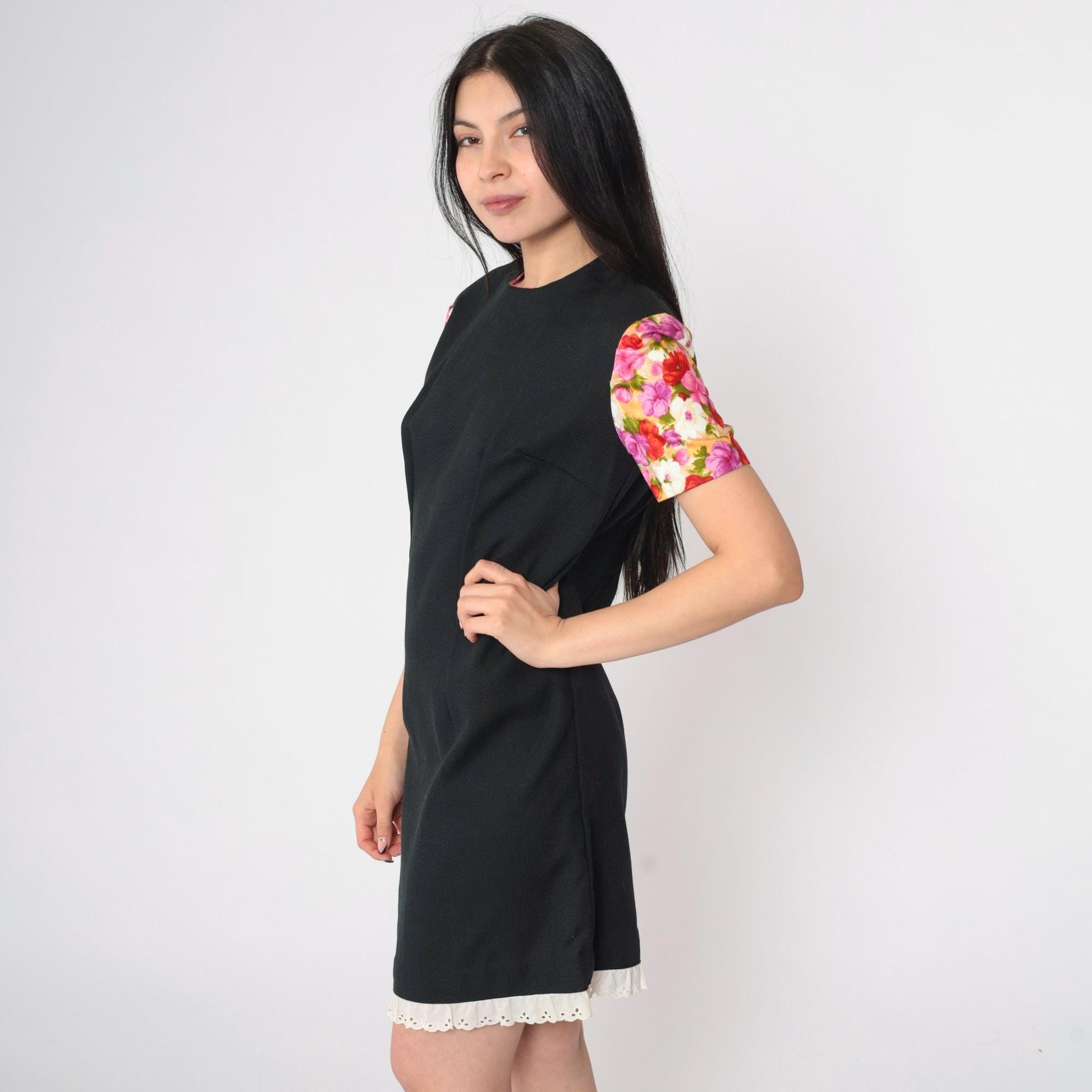 1960s Black Floral Puff Sleeve Mini Dress Eyelet Lace Shift Small S