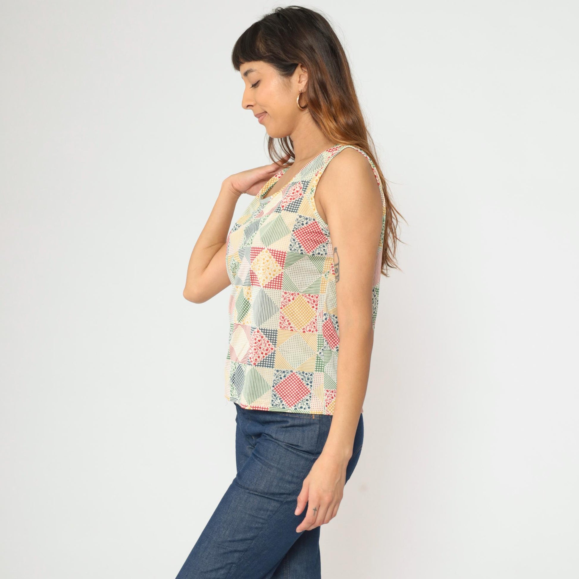 70s Patchwork Floral Tank Top Checkered Print Sleeveless Medium Large