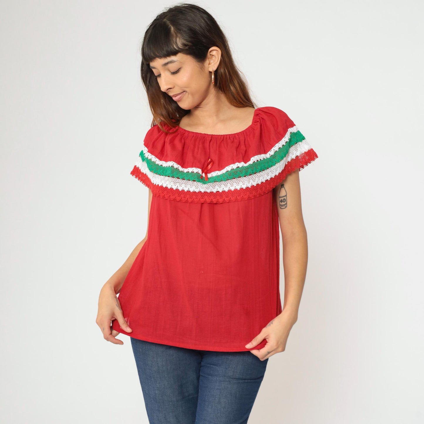 90s Red Mexican Peasant Blouse Crochet Lace Off-Shoulder Small Medium