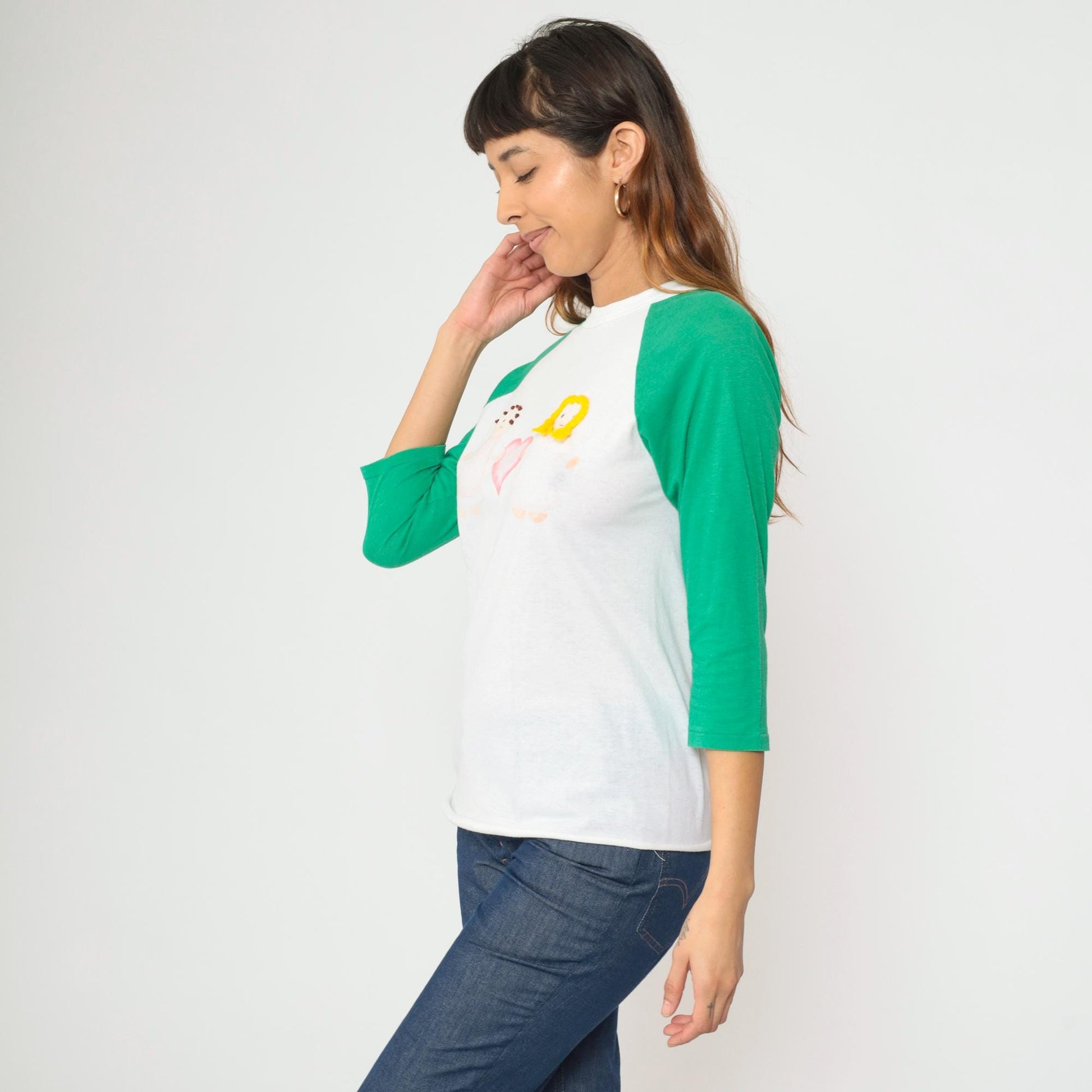 80s Raglan Baseball Tee White Green Doll Heart Graphic Small
