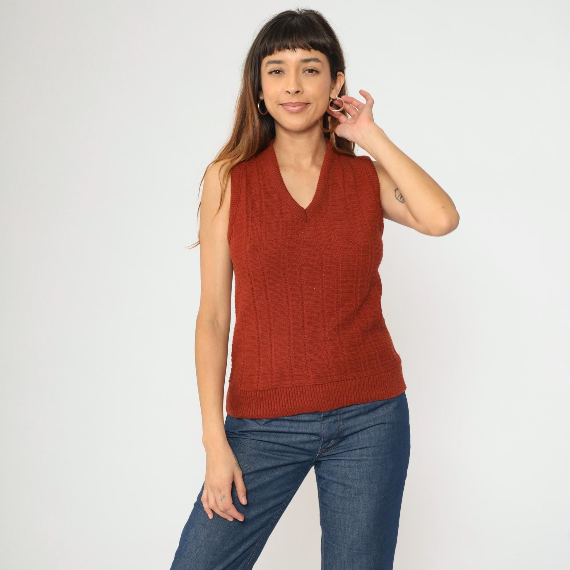 80s Montgomery Ward Rust Acrylic Knit Vest V-Neck Sleeveless Pullover Small