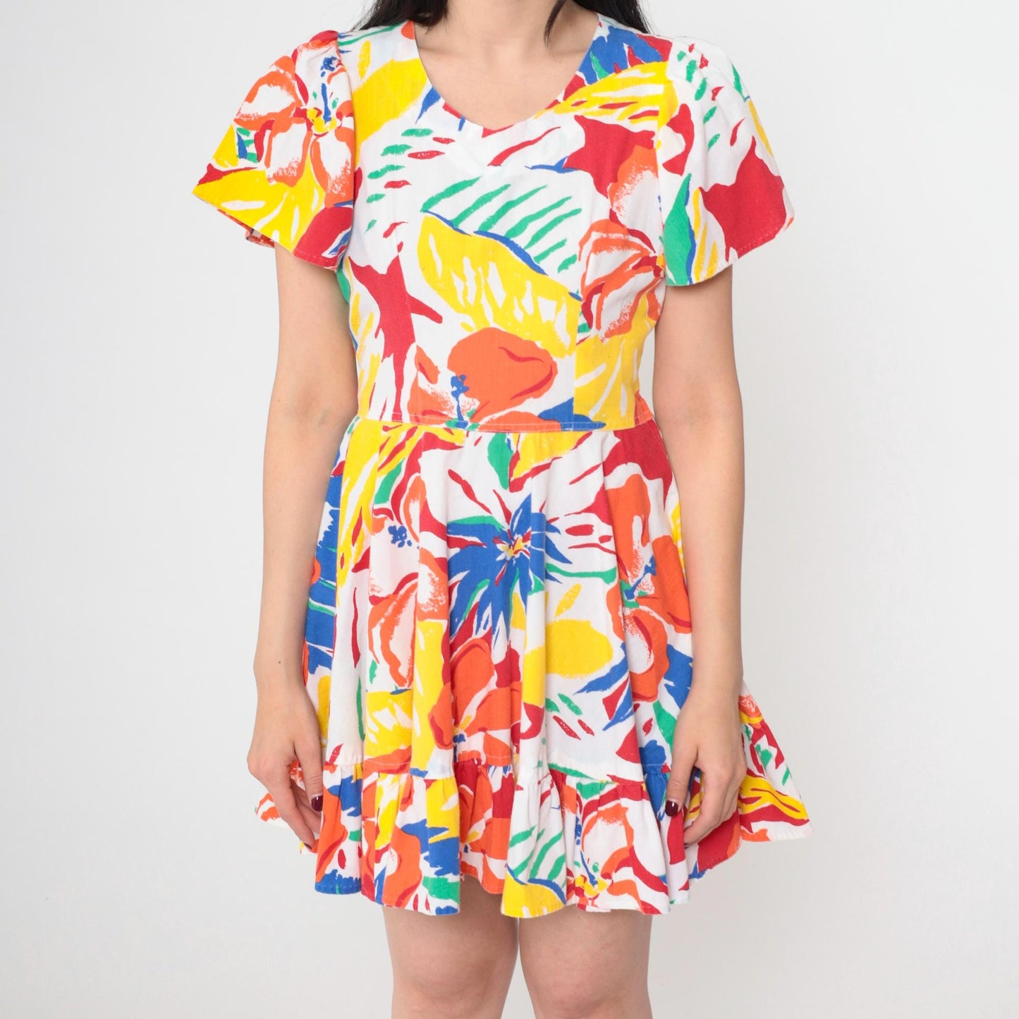 80s Floral Mini Dress Abstract Print Puff Sleeve Fit and Flare Small