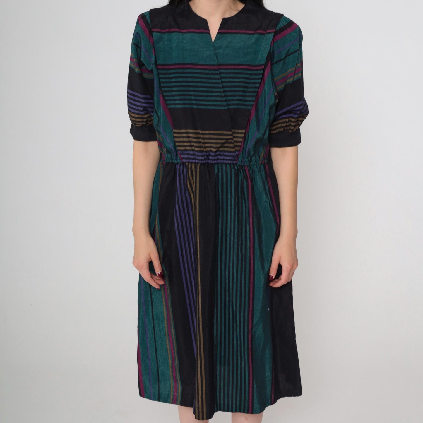80s Multicolor Striped Midi Dress Puff Sleeve High Waist V-Neck Small S