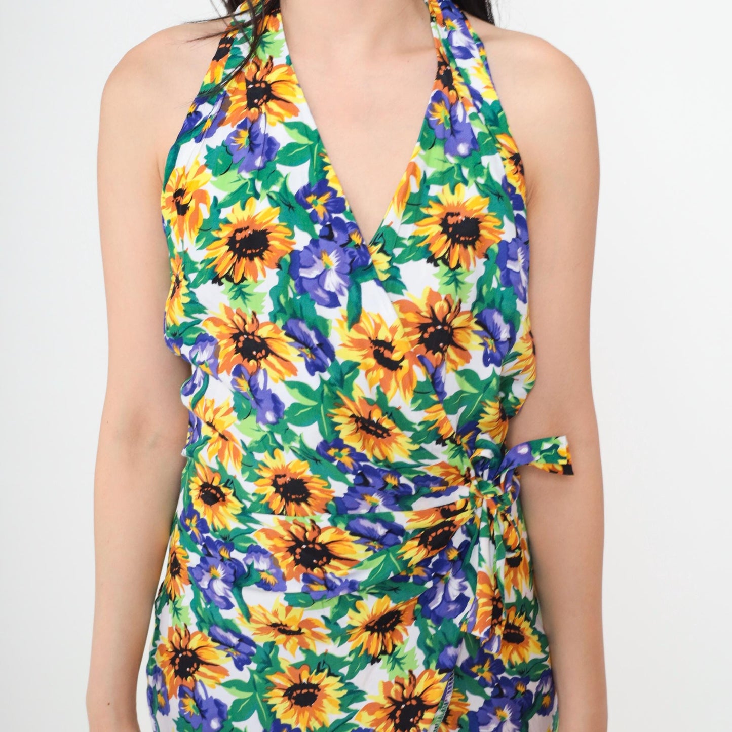 90s Fredericks of Hollywood Floral Halter Mini Dress Sunflower Wrap Medium
