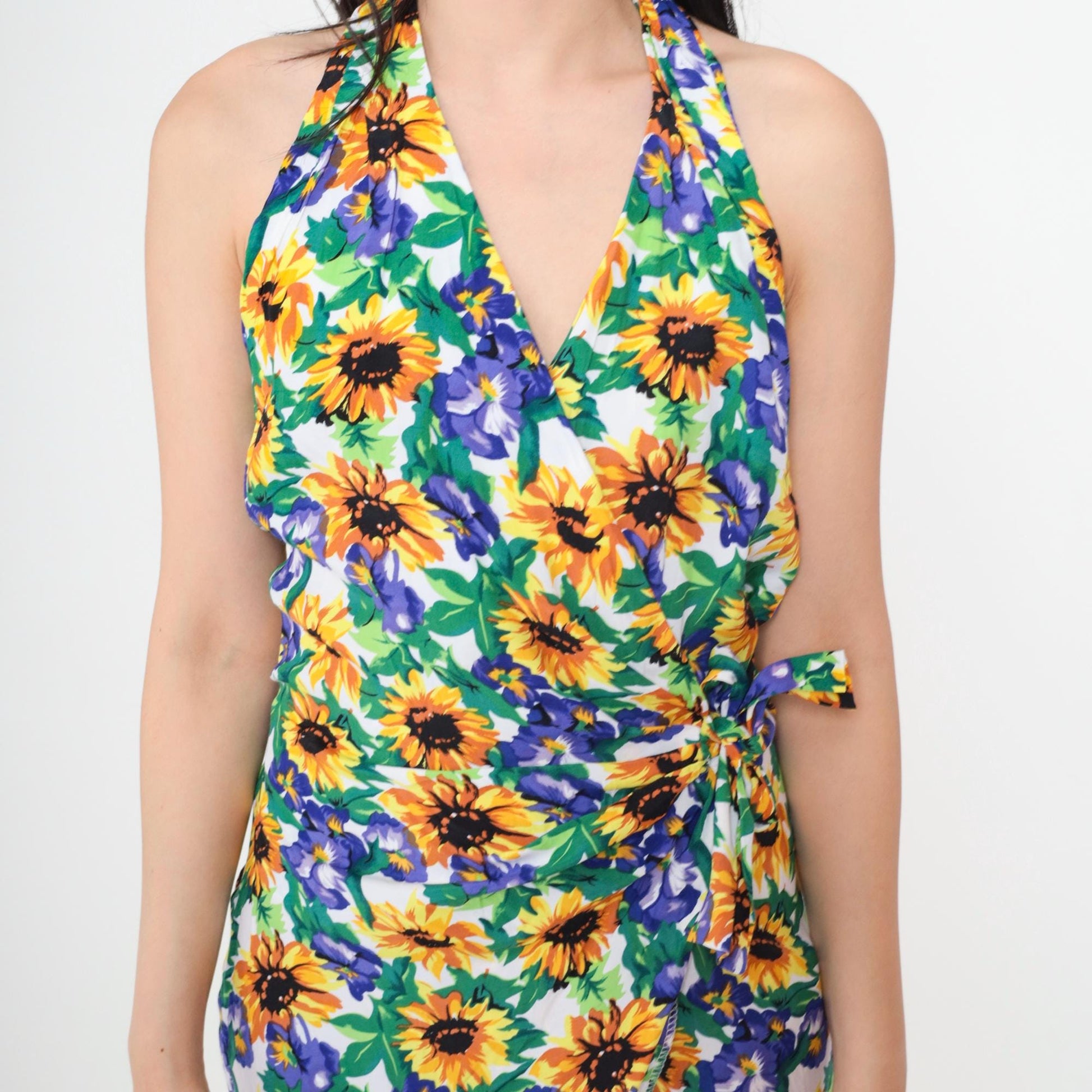 90s Fredericks of Hollywood Floral Halter Mini Dress Sunflower Wrap Medium