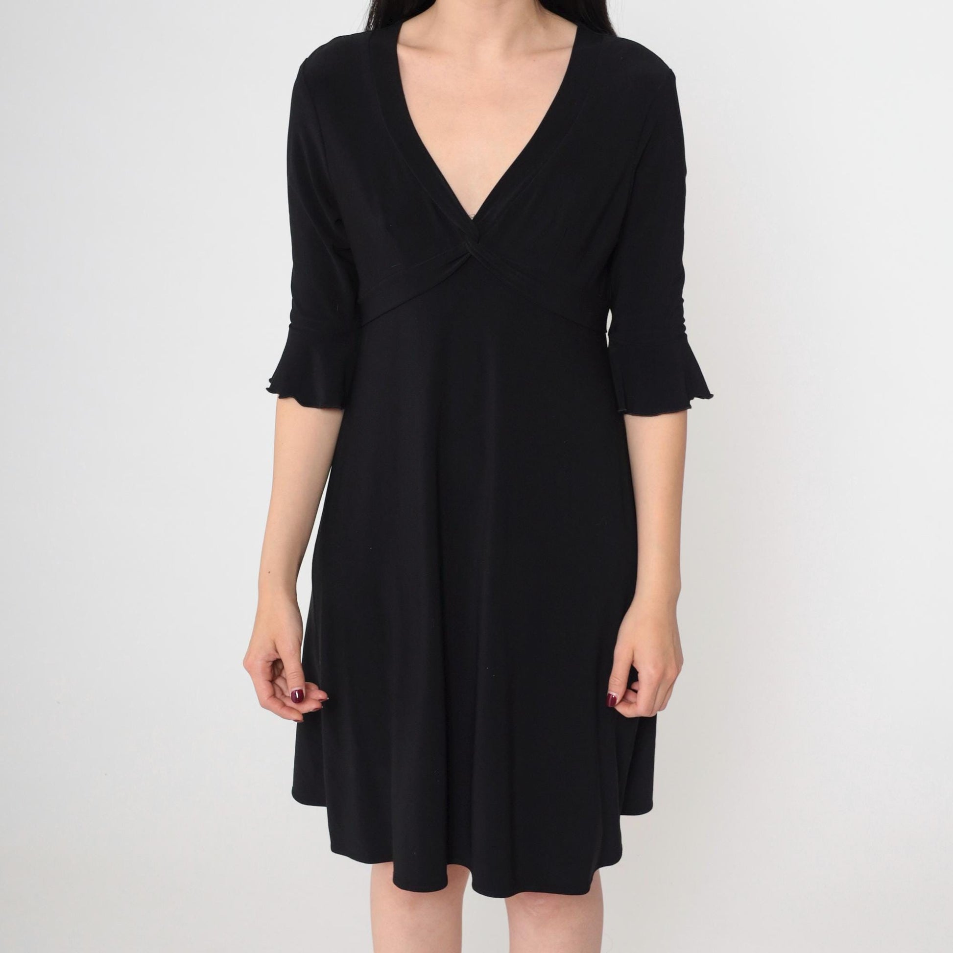 Y2K Black Mini Dress V-Neck Empire Waist Ruffle Sleeve Medium M