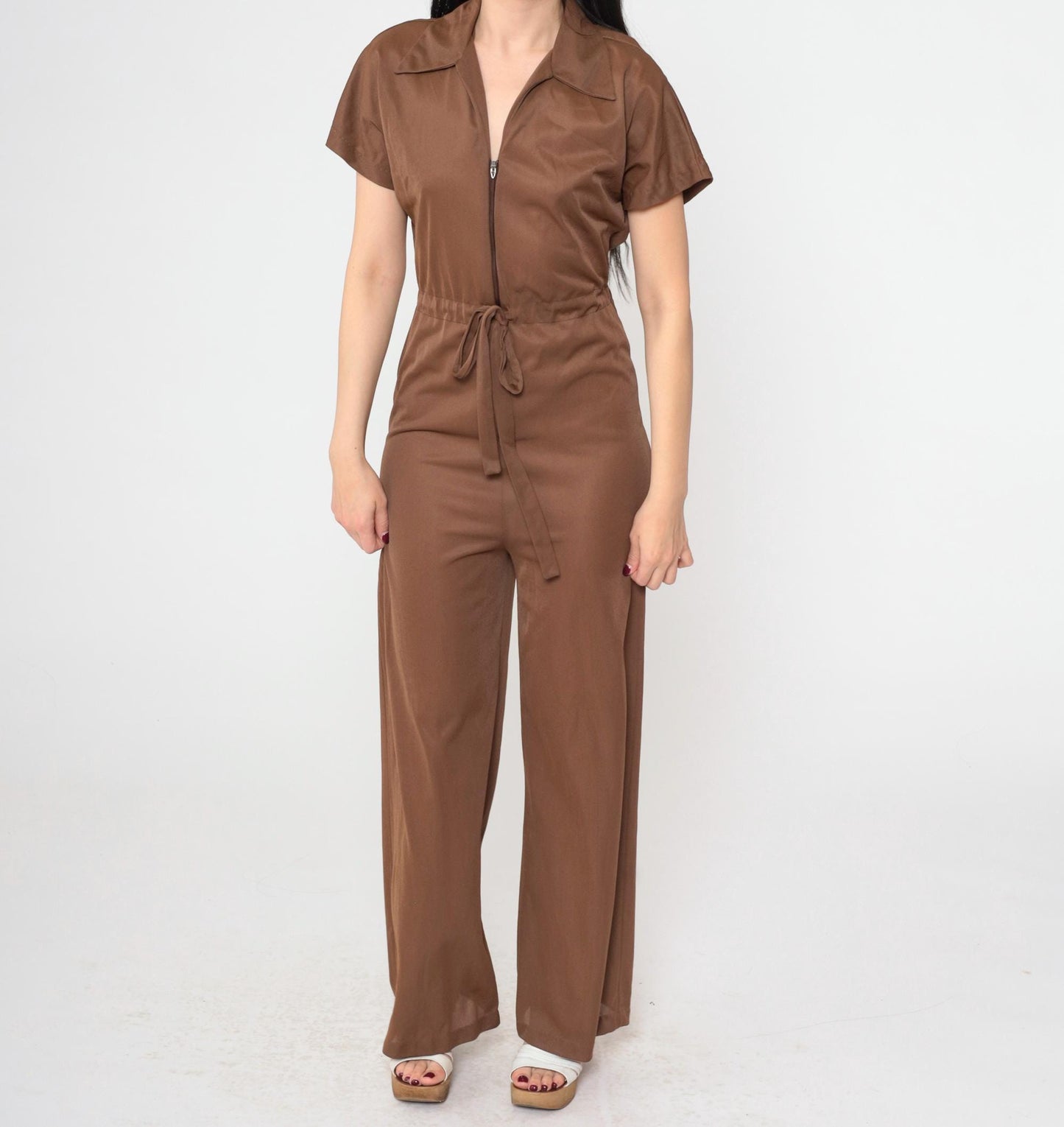 70s Brown Nylon Jumpsuit Wide Leg High Waist Zip Front Short Sleeve Extra Small