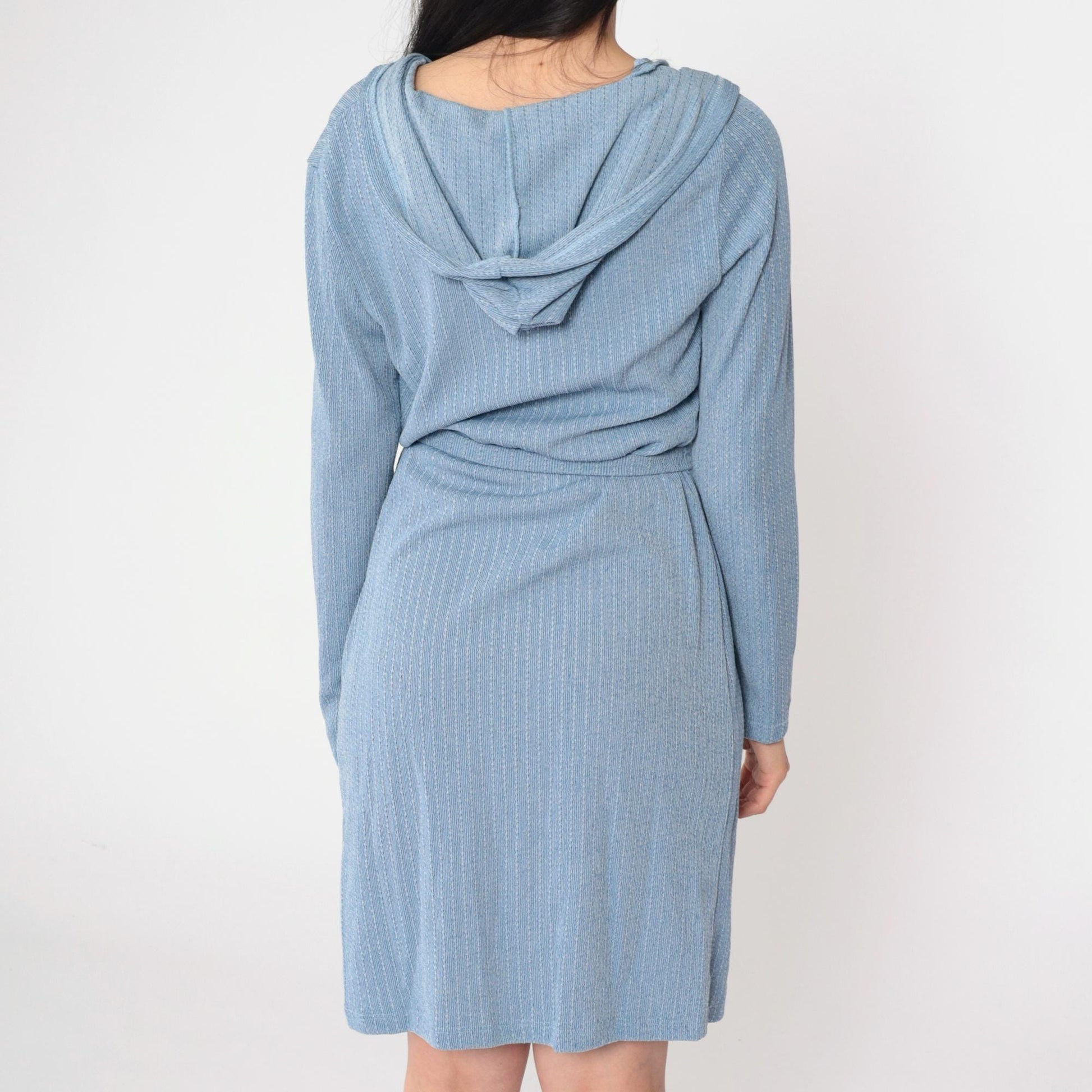 90s Blue Pinstriped Knit Hooded Jacket Tie Waist Open Front Knee Length Large