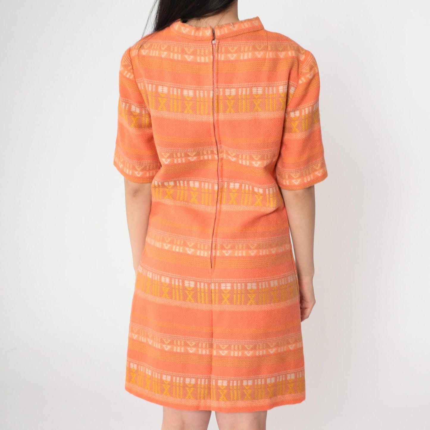 60s Mod Mini Dress Orange Geometric Woven Shift High Neck Short Sleeve Small
