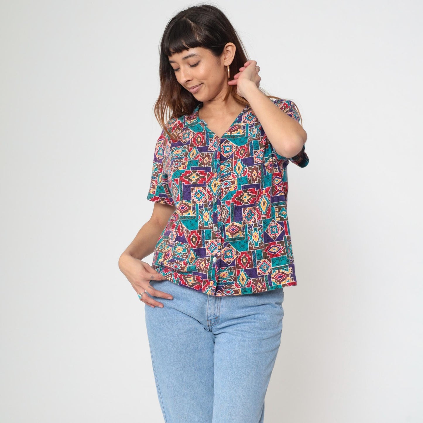 90s Southwestern Geometric Button-Up Blouse Cotton Short Sleeve Medium M