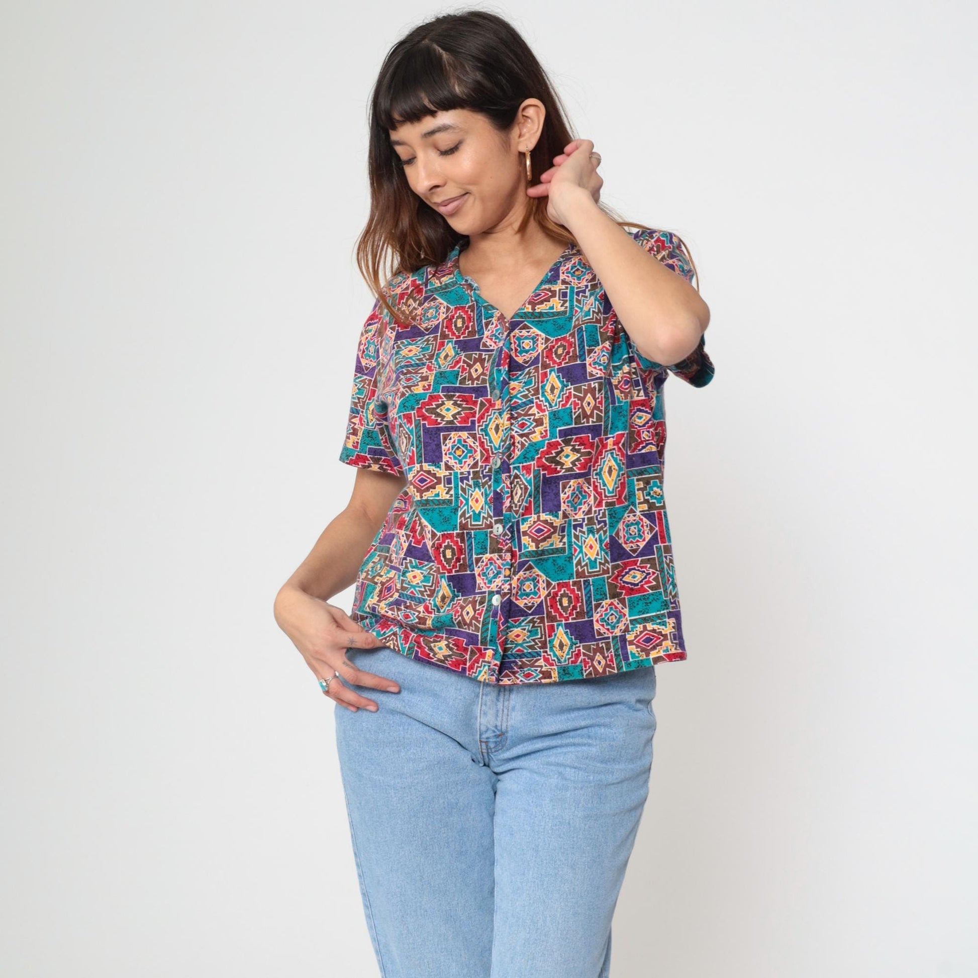 90s Southwestern Geometric Button-Up Blouse Cotton Short Sleeve Medium M