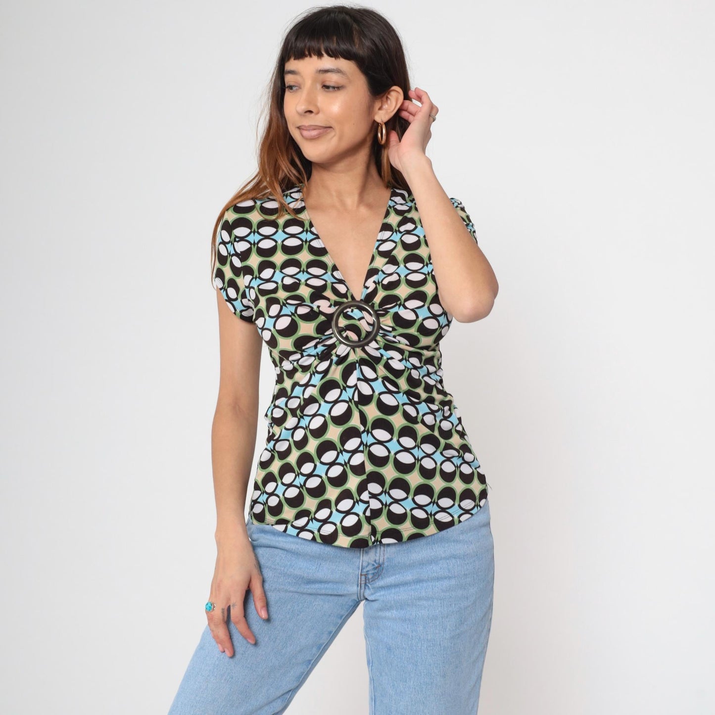 Y2K Geometric Print Top Green Black Blue O-Ring V-Neck Short Sleeve Small