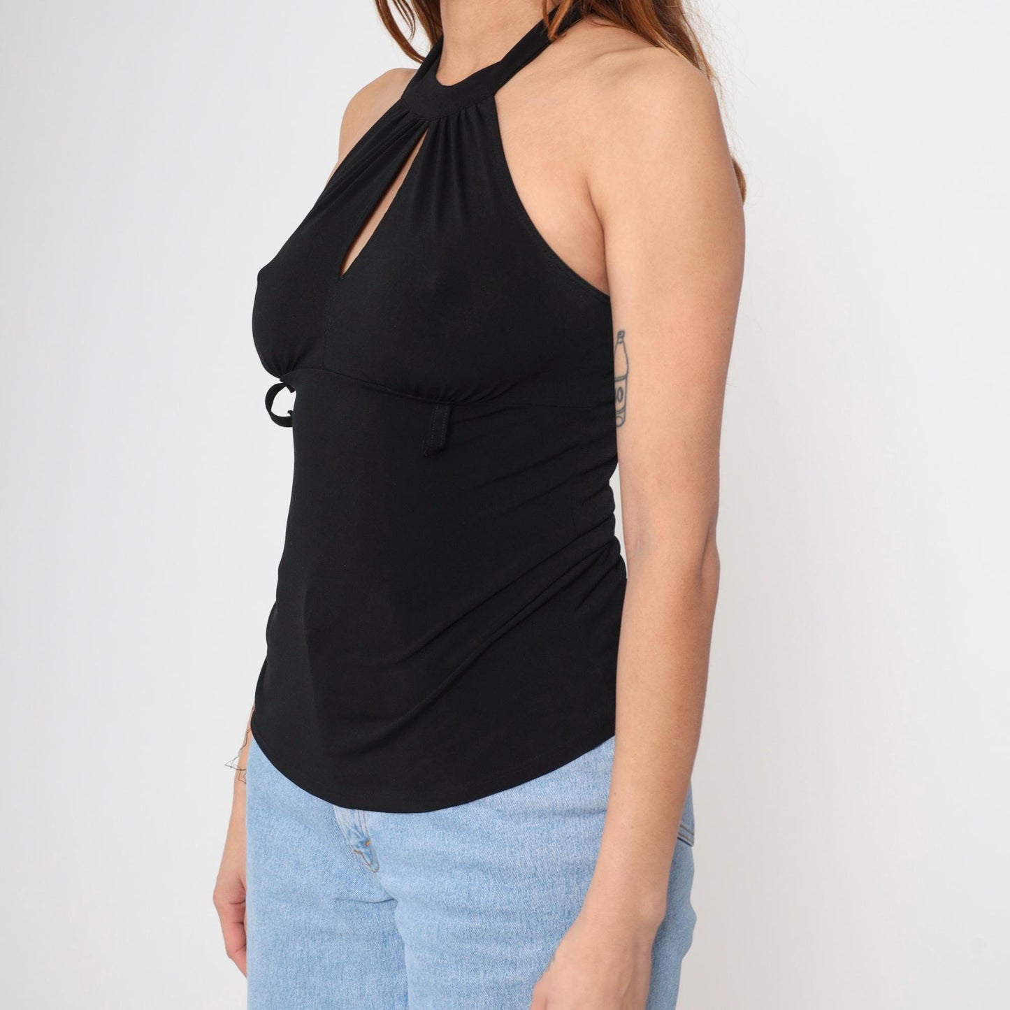 Y2K Black Halter Keyhole Sleeveless Top Empire Waist Open Back Small Medium