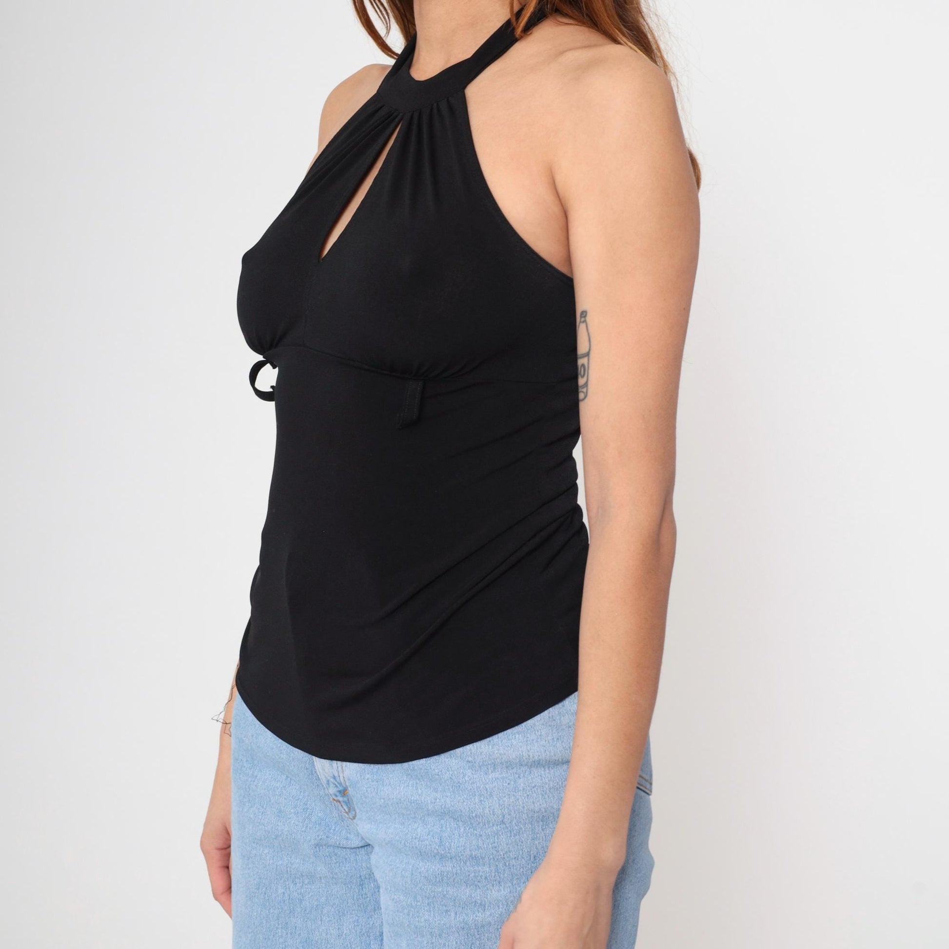 Y2K Black Halter Keyhole Sleeveless Top Empire Waist Open Back Small Medium