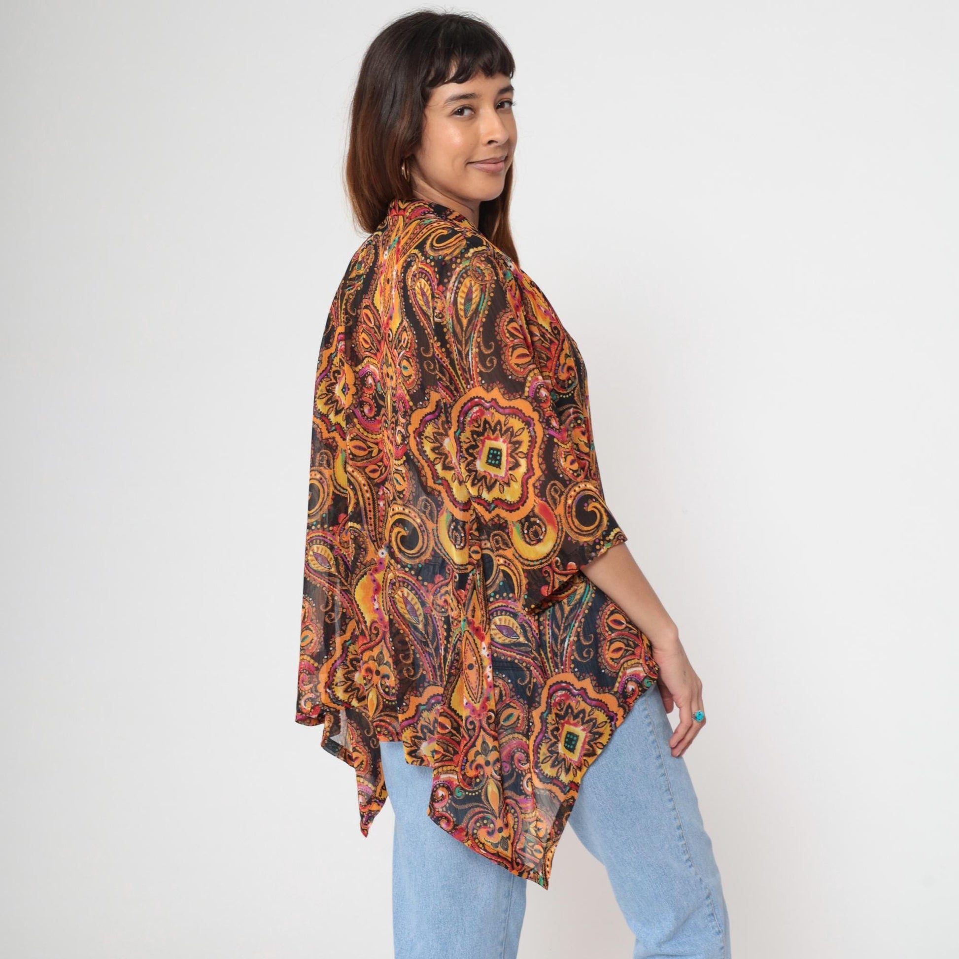 Y2K Sheer Paisley Kimono Jacket Open Front Asymmetrical Orange Gold Pink Extra Small