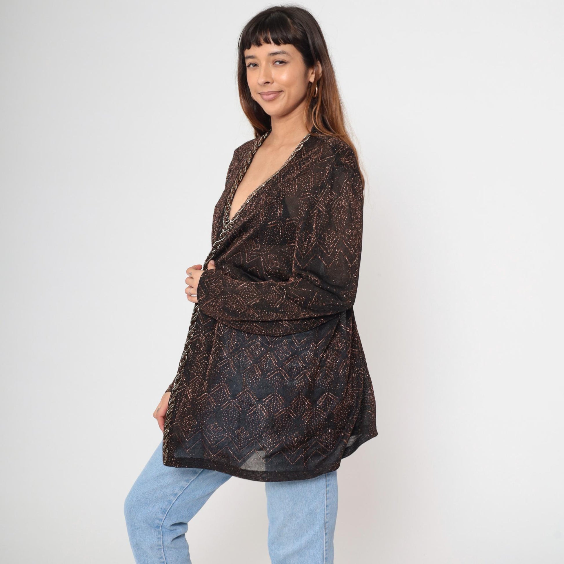 90s Alex Evenings Metallic Bronze Geometric Open Front Jacket Plus Size 20W