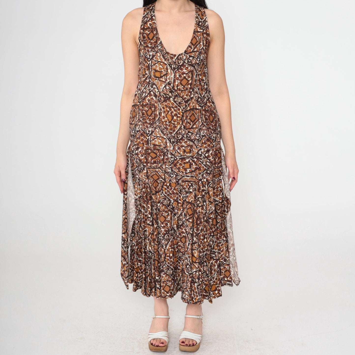90s Brown Abstract Print Sleeveless Midi Dress Scoop Neck Racerback Small S
