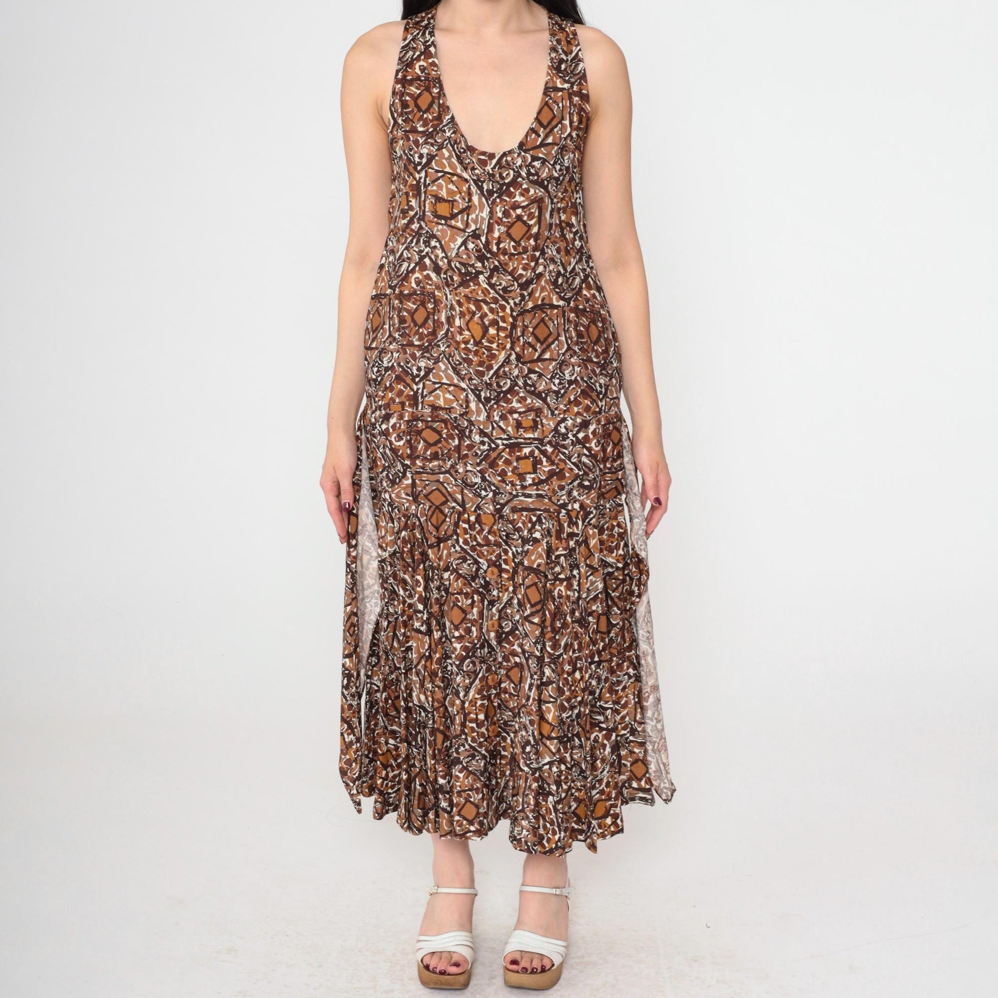 90s Brown Abstract Print Sleeveless Midi Dress Scoop Neck Racerback Small S