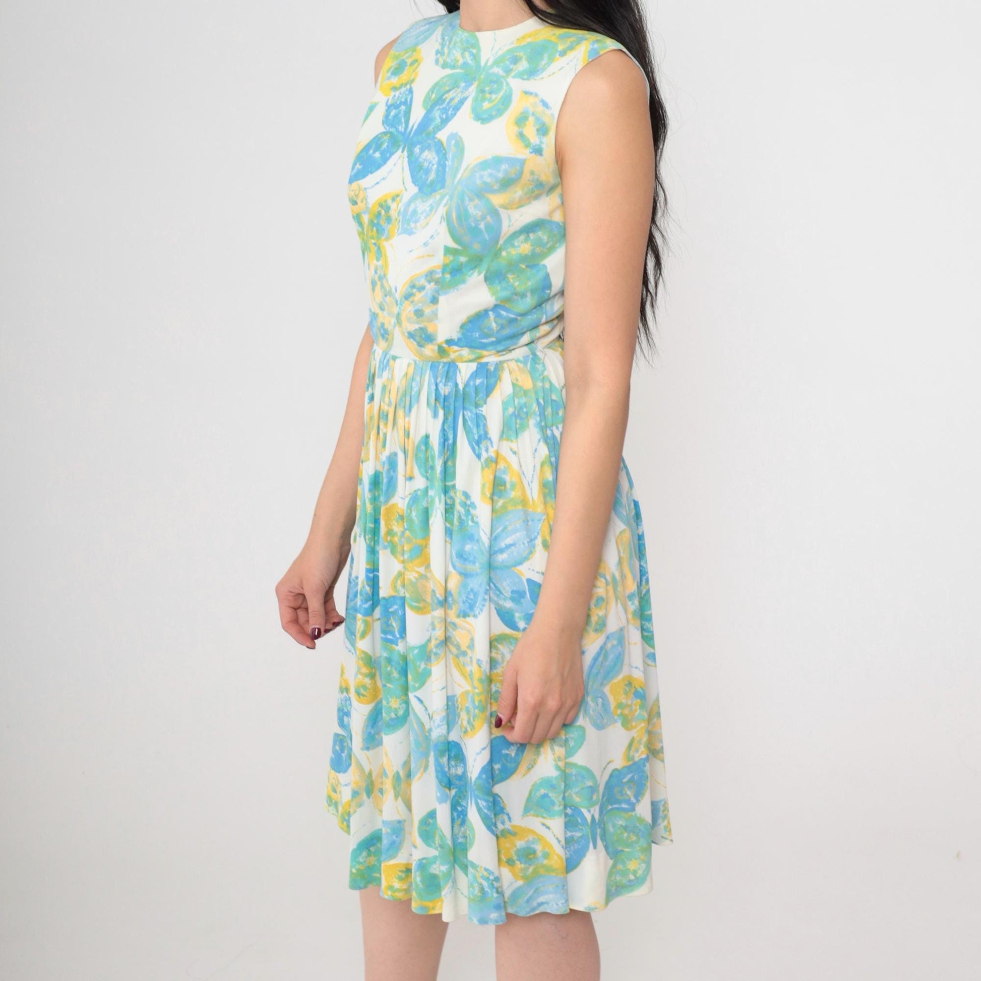 1960s Butterfly Print Mod Mini Dress White High Waist Sleeveless Extra Small