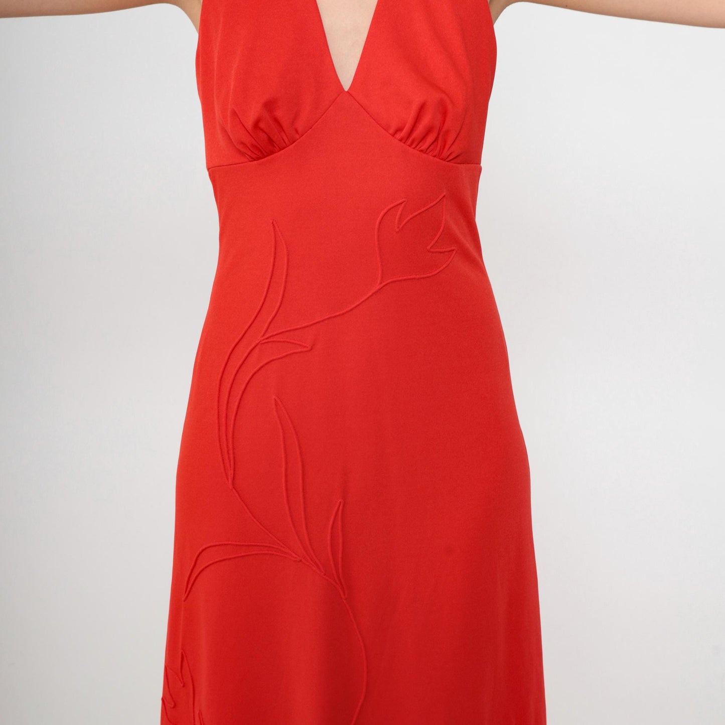 70s Red Halter Maxi Dress Deep V Neck Backless Empire Waist Small