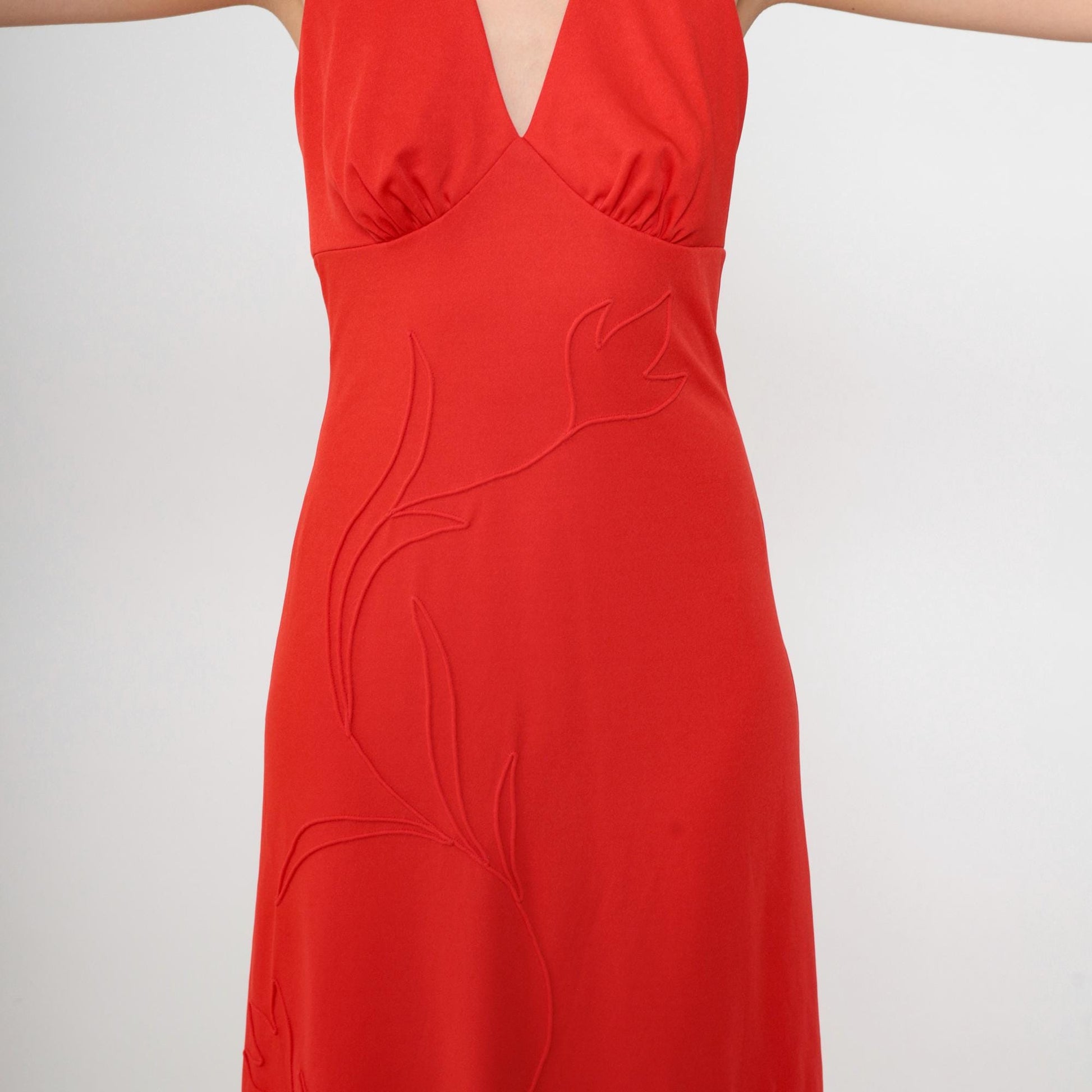 70s Red Halter Maxi Dress Deep V Neck Backless Empire Waist Small