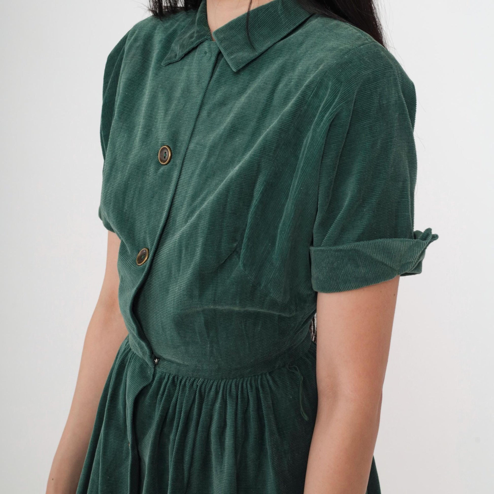 1940s Green Corduroy Button-Up Dress Collared Short Sleeve Gathered Waist Midi Extra Small