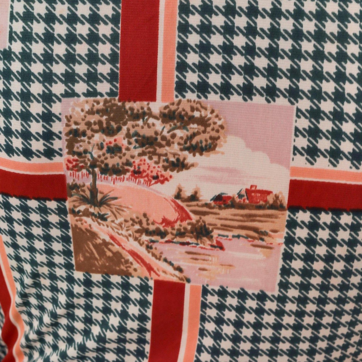 1960s Mod Shirt Dress Pastoral Landscape Print Green Houndstooth Mini XS