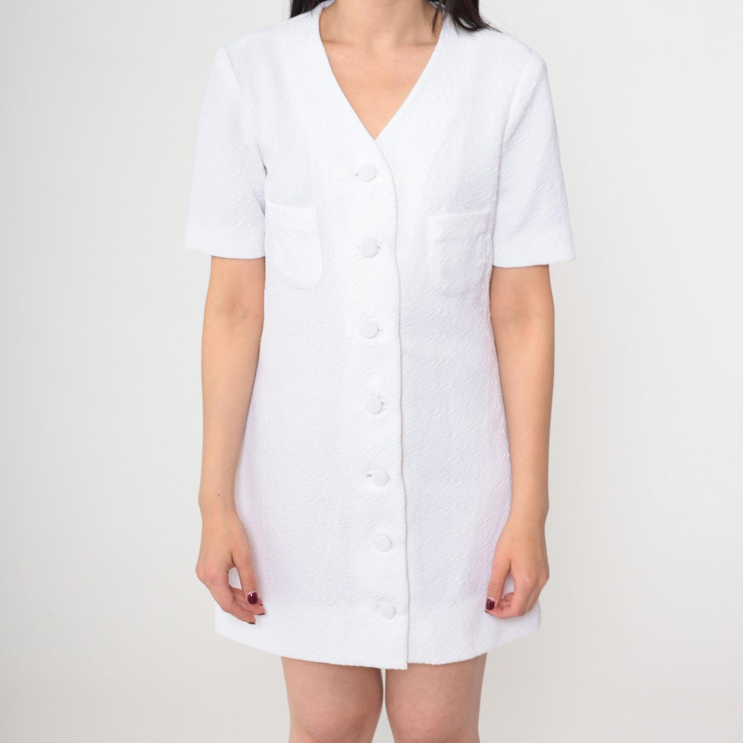 60s White Mod Shift Dress Mini Button-Up Chest Pocket Short Sleeve Small
