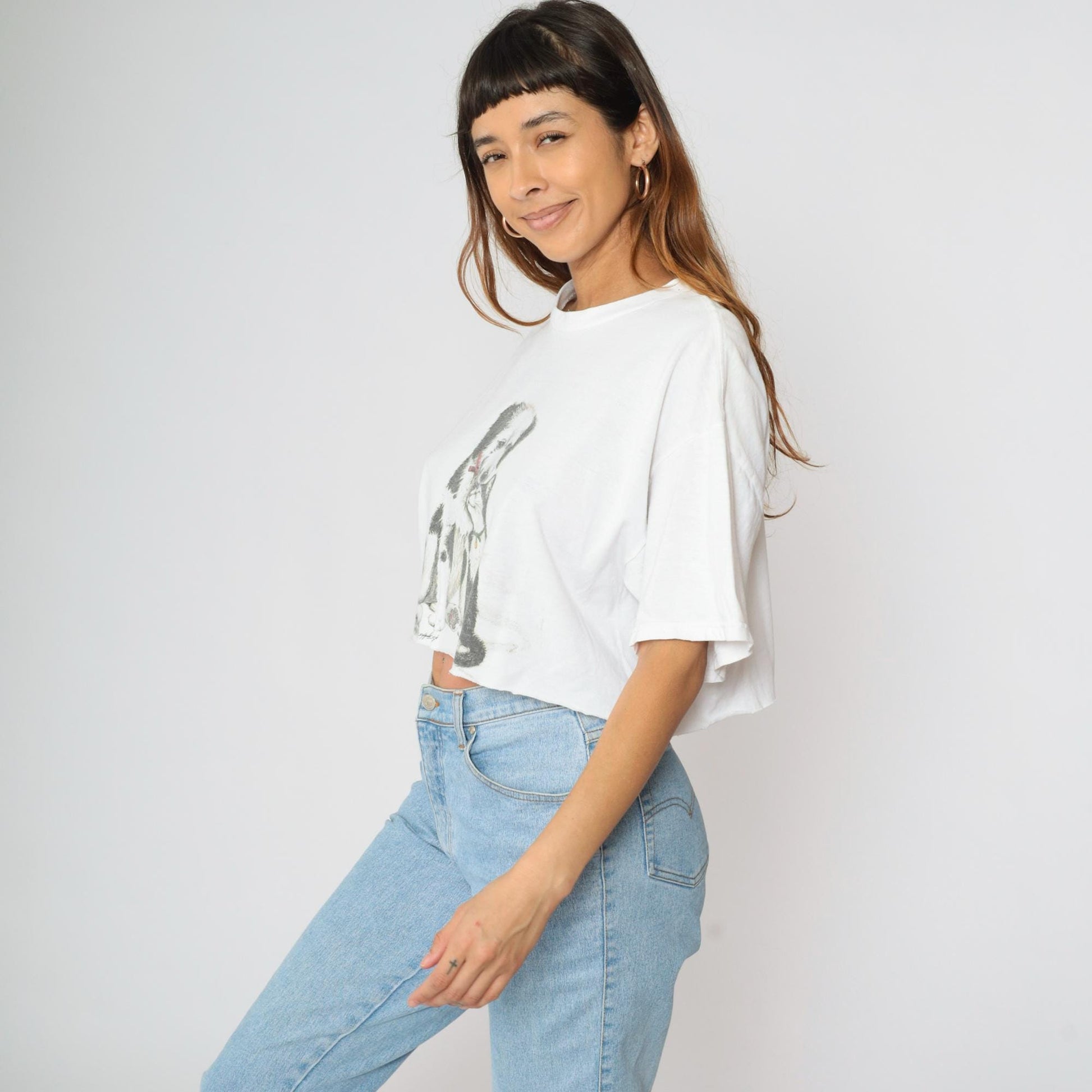 90s Cat & Dog Graphic Crop Top White Cotton T-Shirt Large L