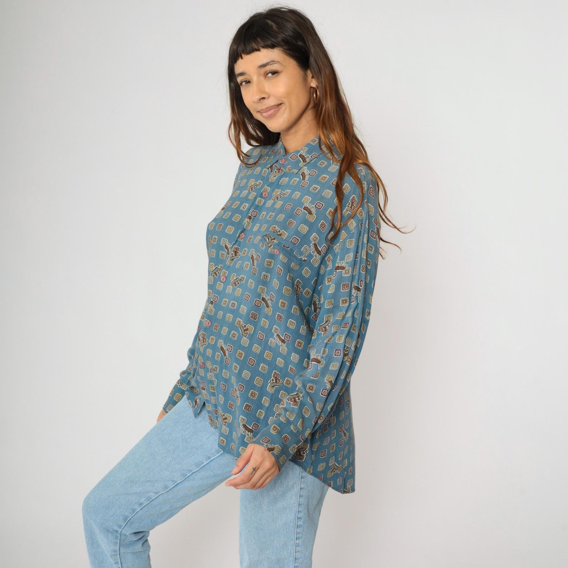 90s Forenza Blue Geometric Crown Print Button Up Shirt Large L
