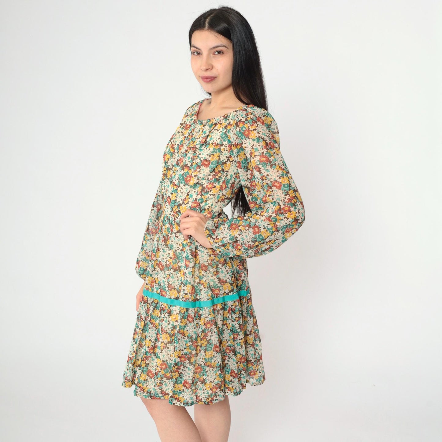 70s Floral Peasant Dress Off-Shoulder Tiered Mini Long Sleeve Small