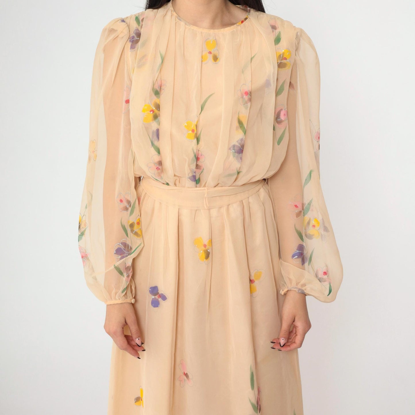 70s Peach Floral Chiffon Maxi Dress Puff Sleeve High Waist Small