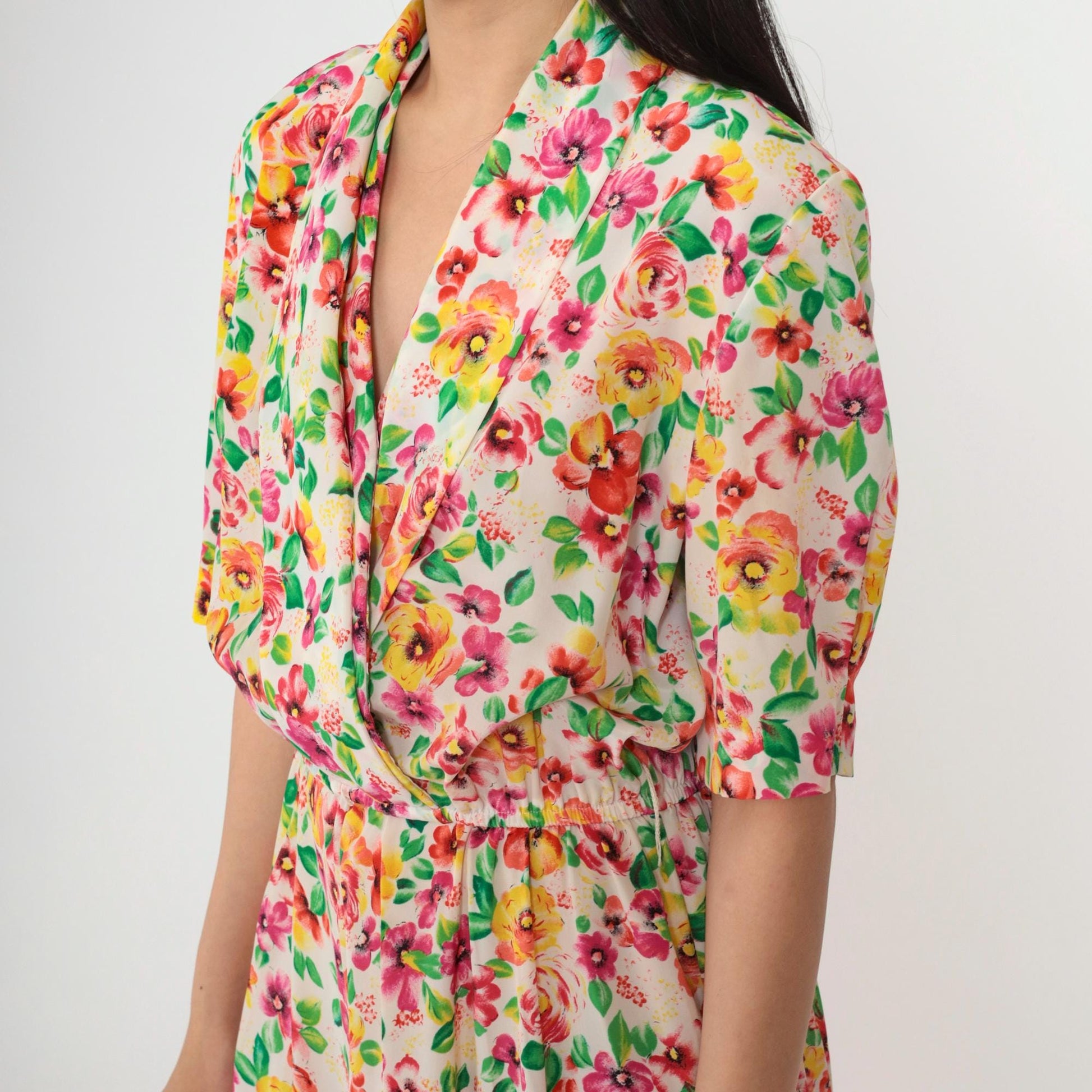 80s Liz Roberts Floral Wrap Dress Midi Pink Yellow White V-Neck Medium 8