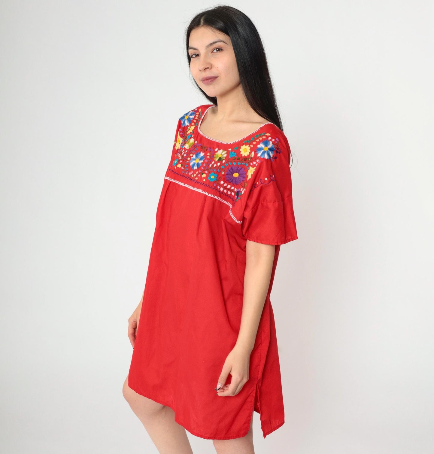 Mexican Embroidered Mini Dress Red Floral Tunic Short Sleeve XXL