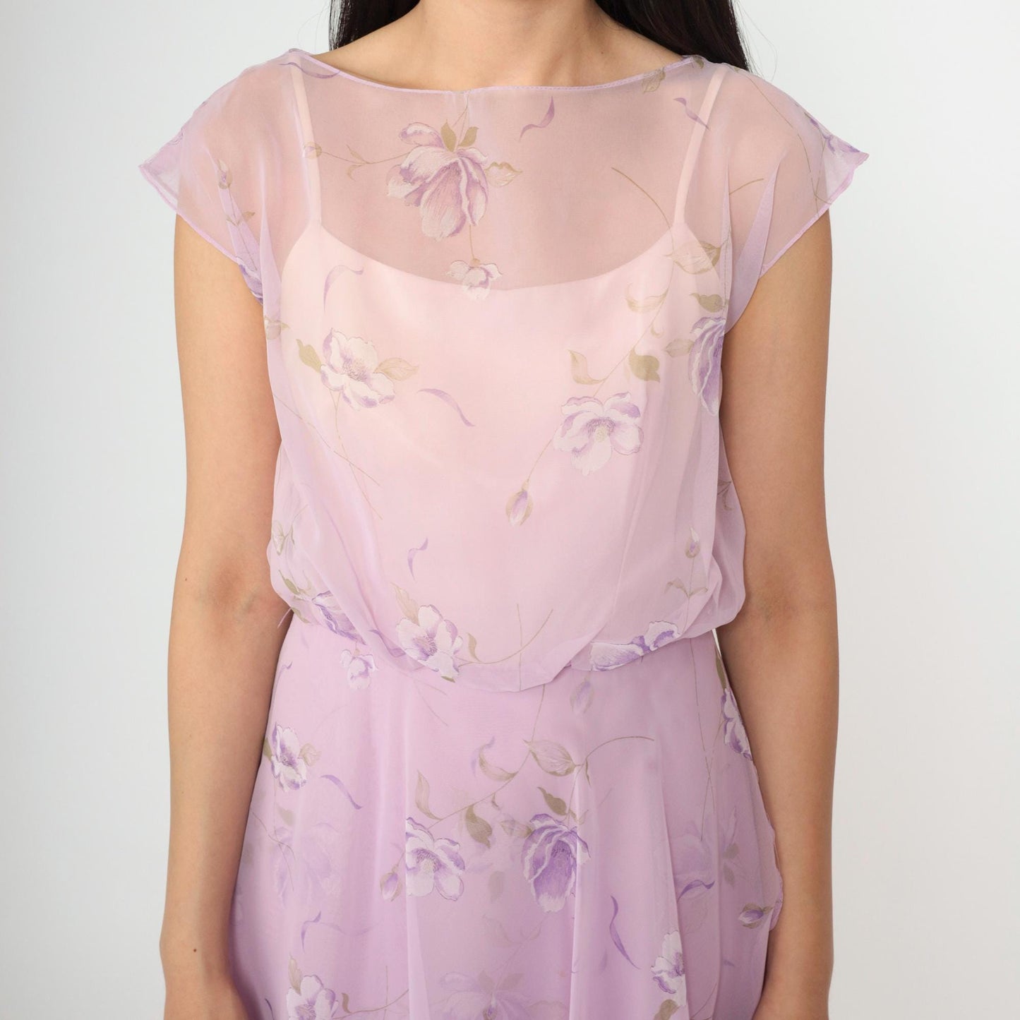 70s Lavender Floral Chiffon Maxi Dress High Waist Asymmetrical Small