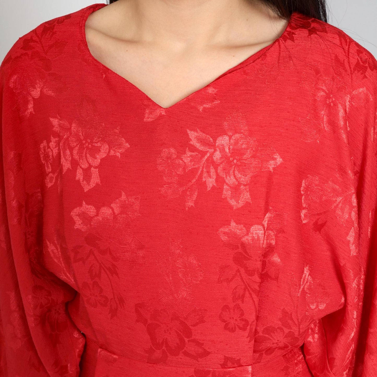 80s Red Jacquard Dress Kimono Sleeve V-Neck Sheath Knee-Length Extra Small