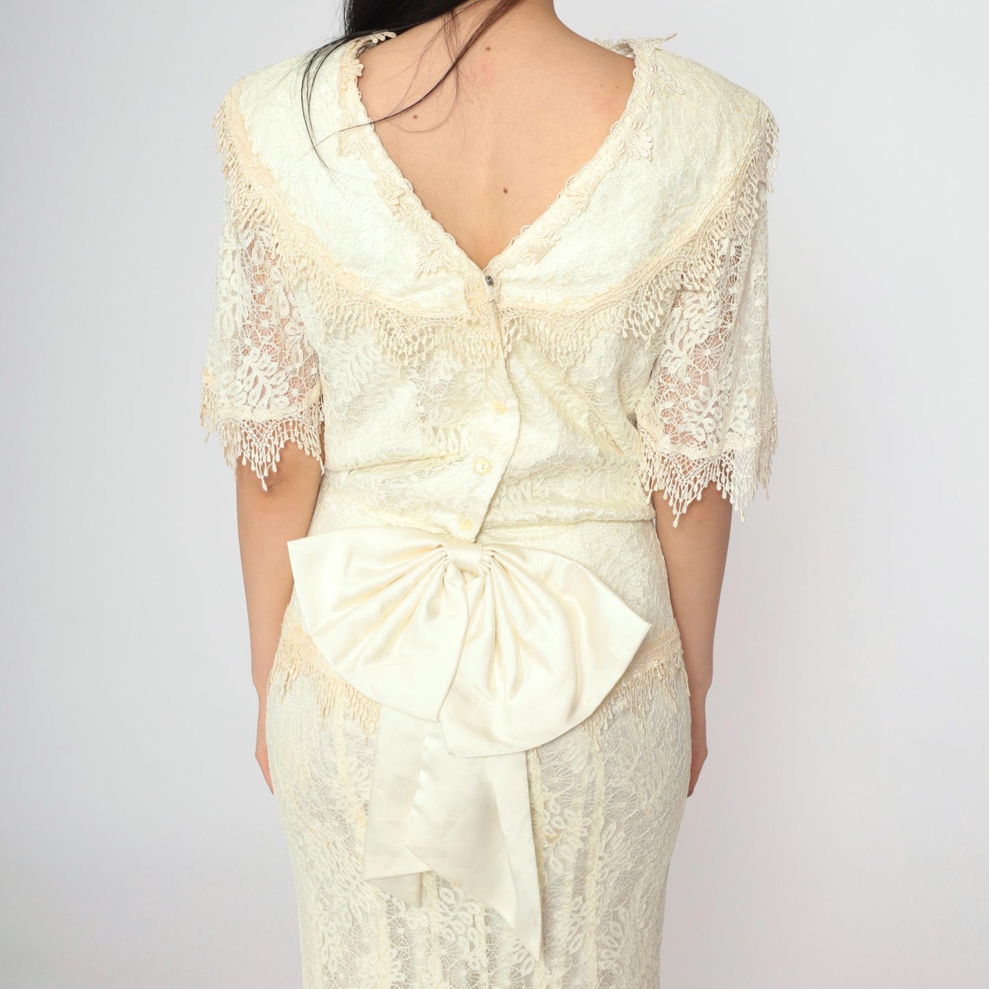 80s Jessica McClintock Ivory Lace Maxi Gown Bow Back Short Sleeve Small