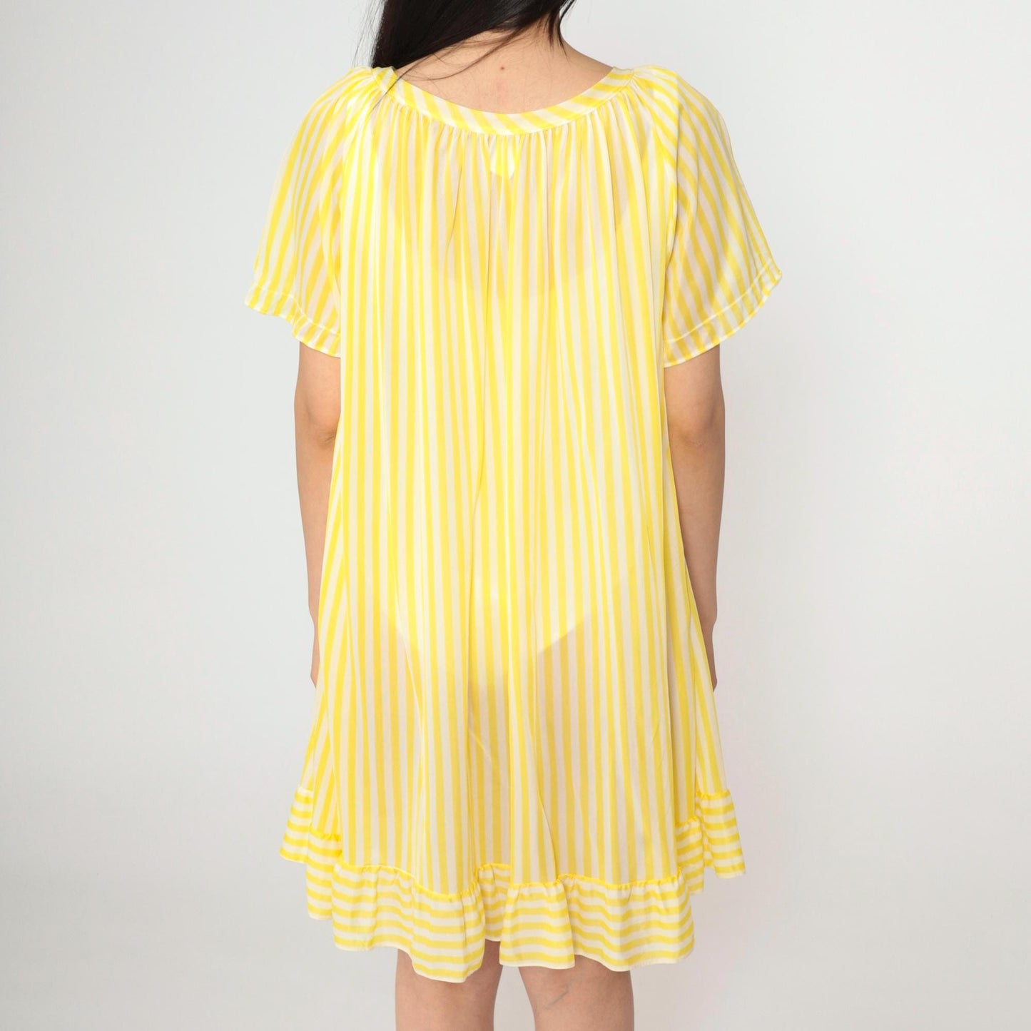 70s Yellow White Striped Nylon Lingerie Robe Open Front Mini Large L