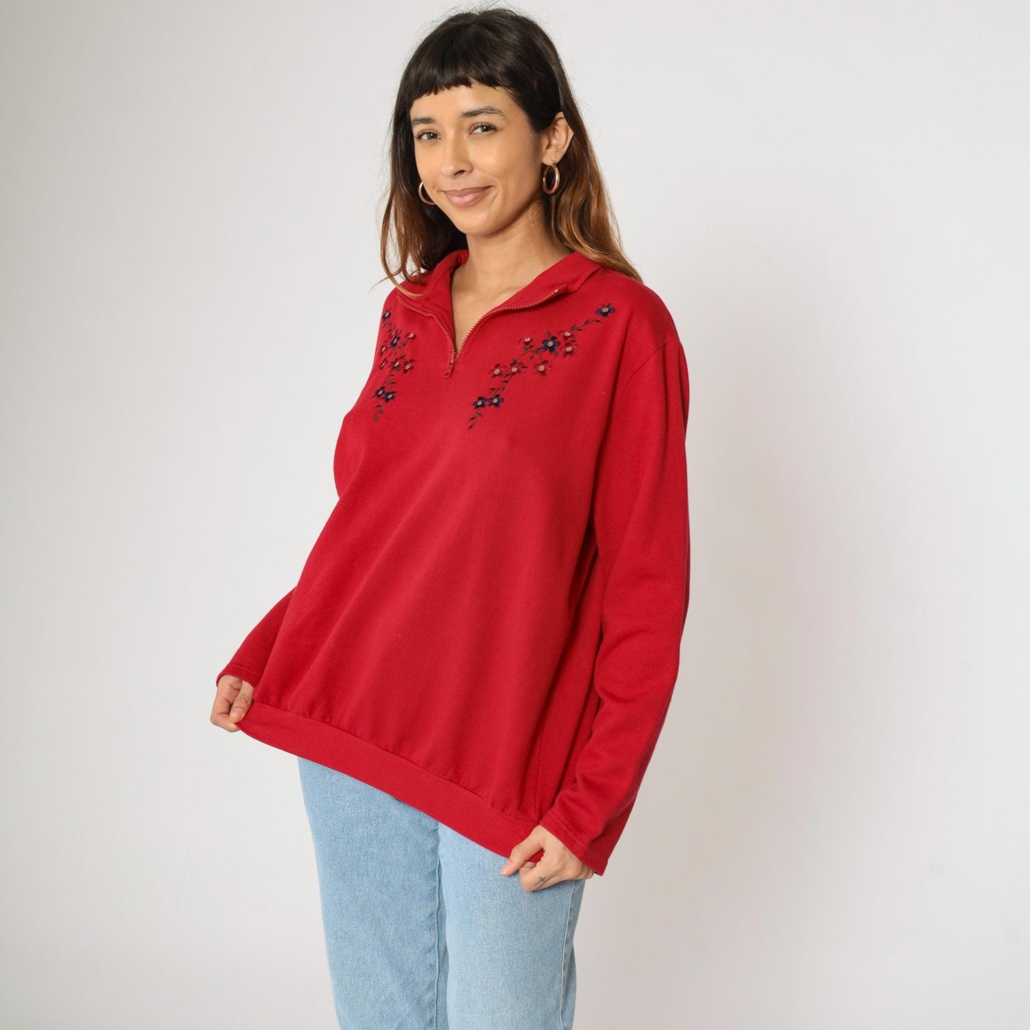 90s Karen Scott Red Floral Embroidered Quarter Zip Sweatshirt Extra Large XXL