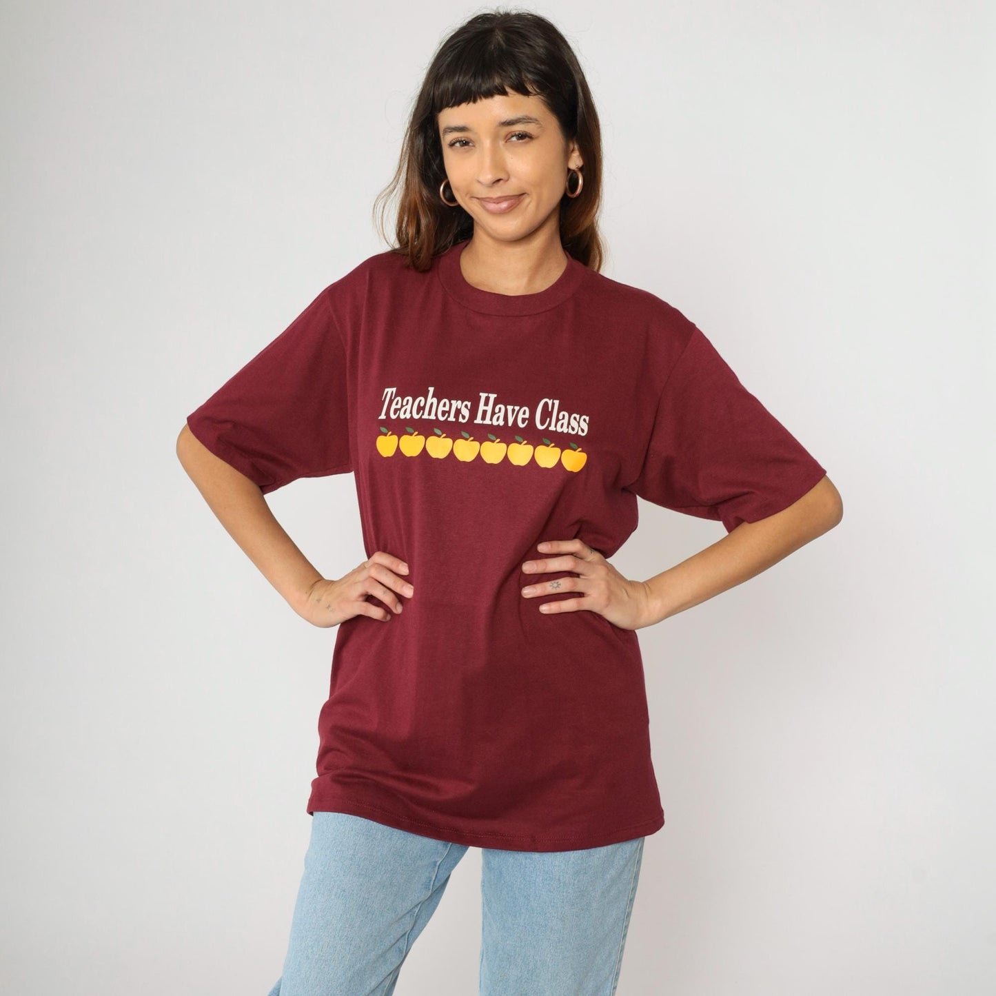 90s Jerzees Teachers Have Class Apple Graphic Tee Burgundy Large