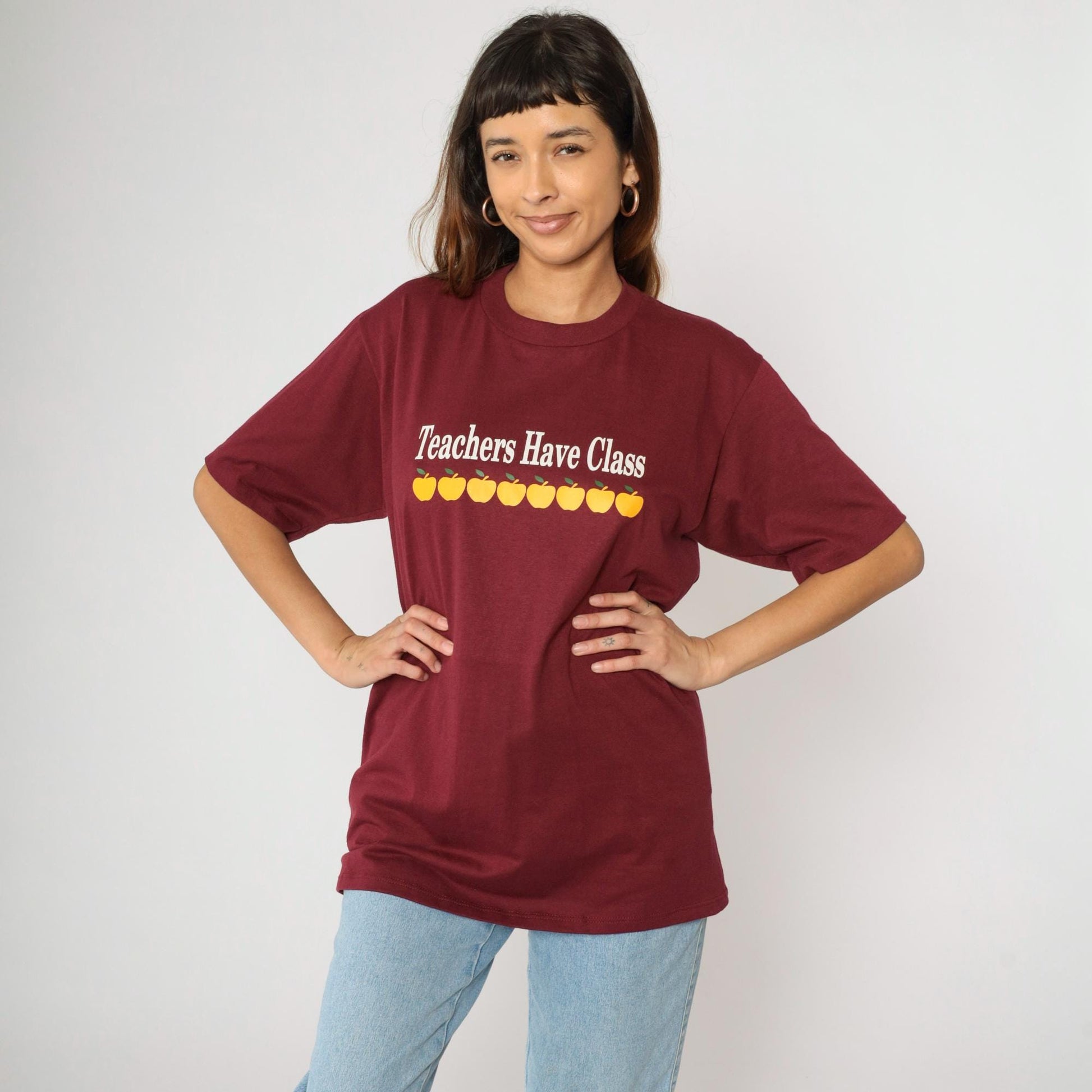 90s Jerzees Teachers Have Class Apple Graphic Tee Burgundy Large