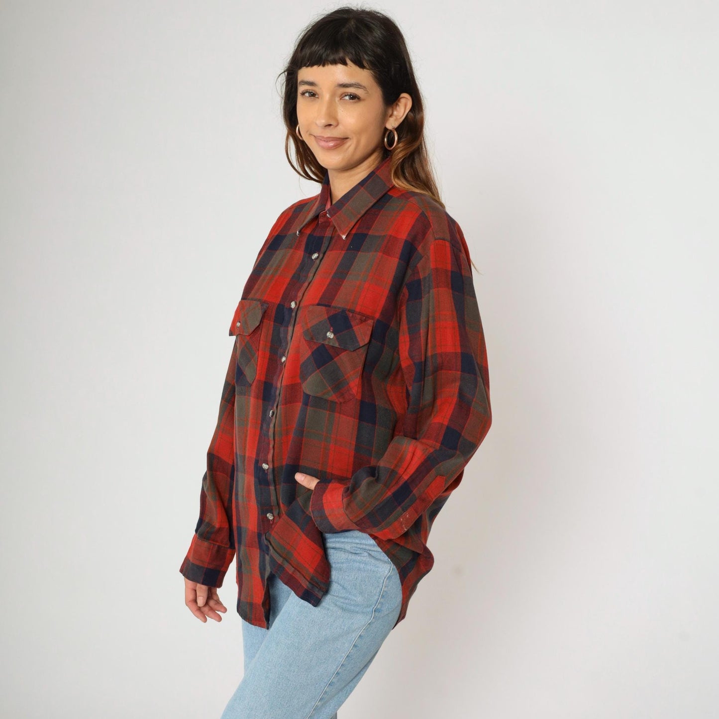 80s Northwest Territory Plaid Button Up Shirt Red Navy Acrylic Men's Large
