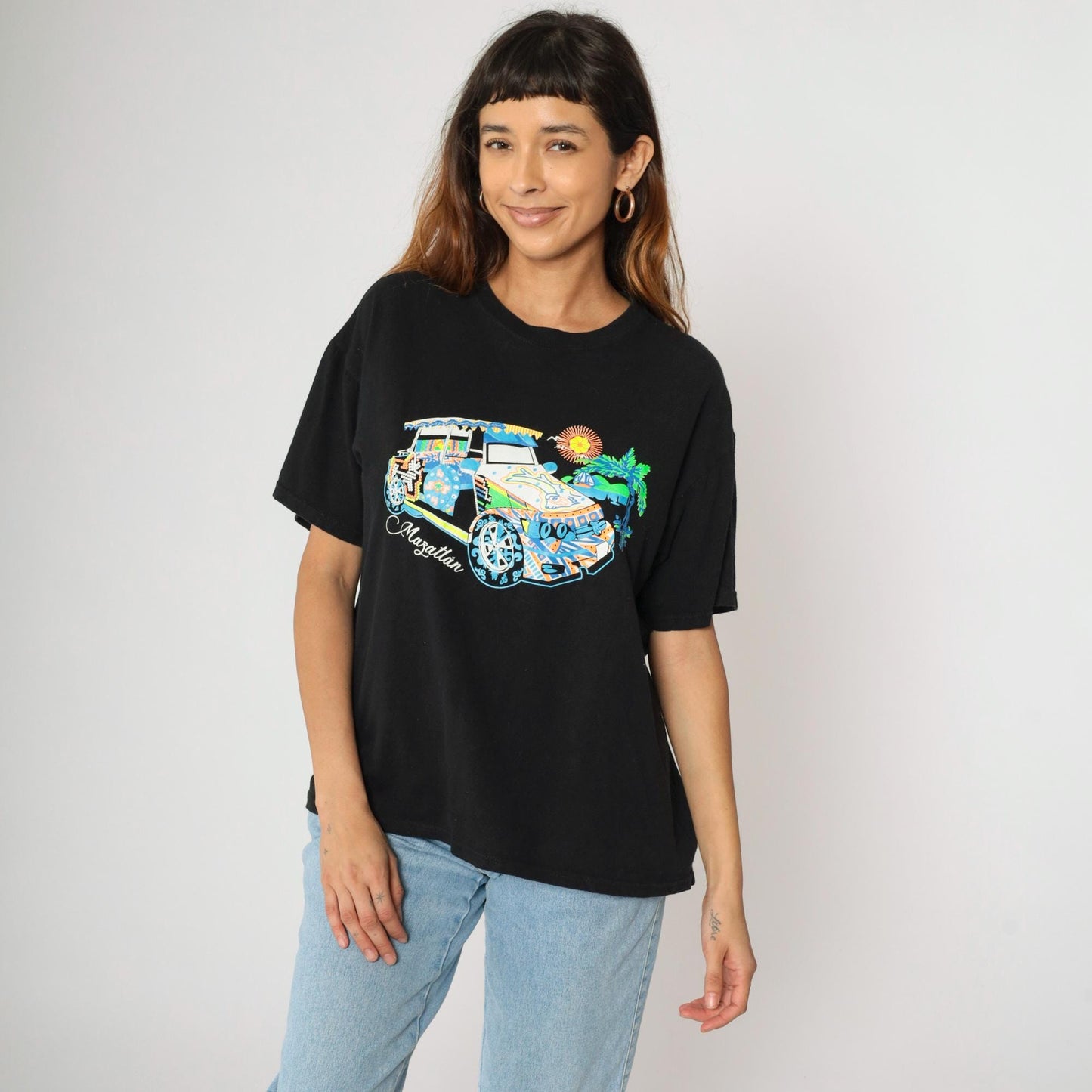 Y2K Mazatlán Mexico Graphic Tee Black Car Palm Tree Print Large L