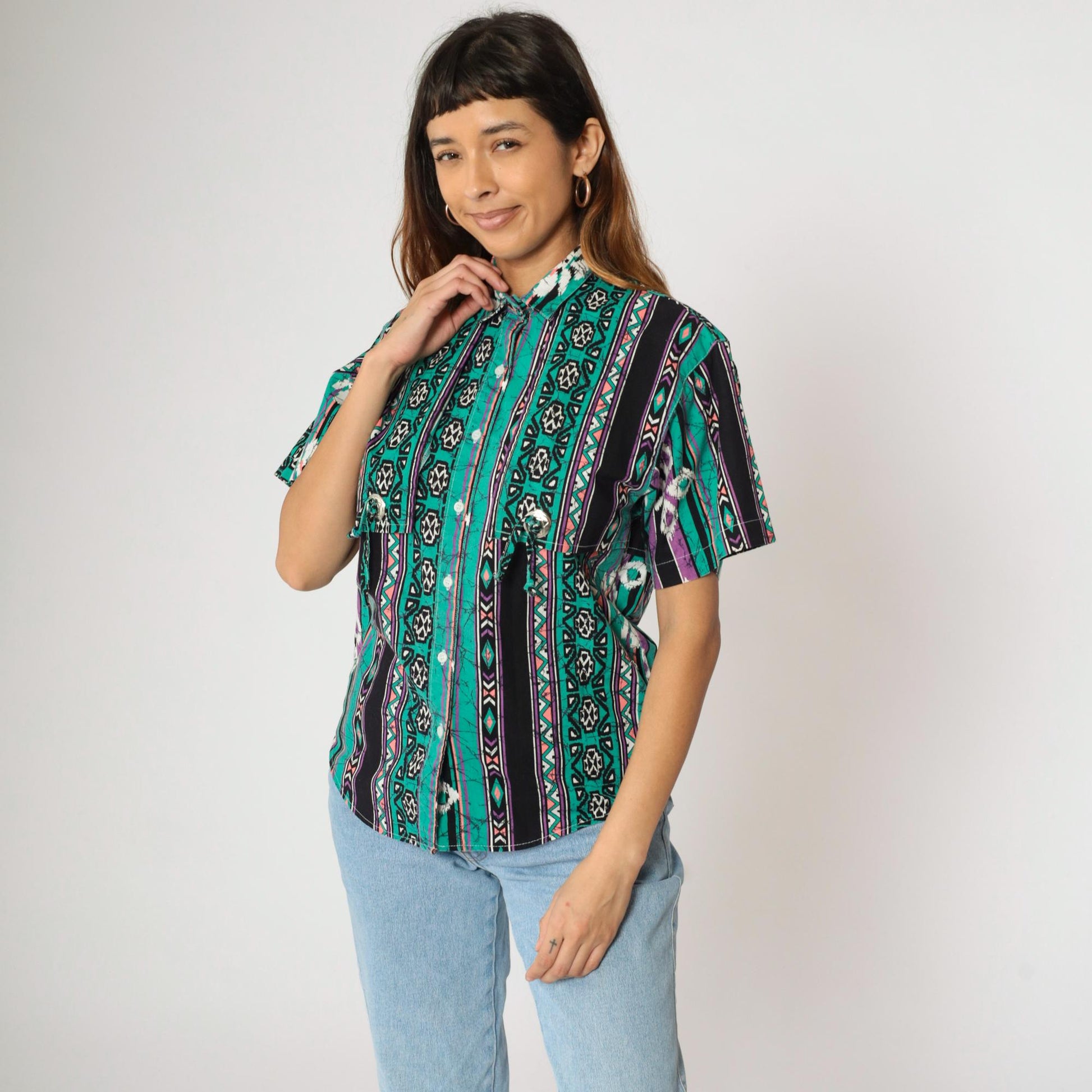 90s Frontier Series Western Shirt Green Purple Aztec Print Snap Button Small