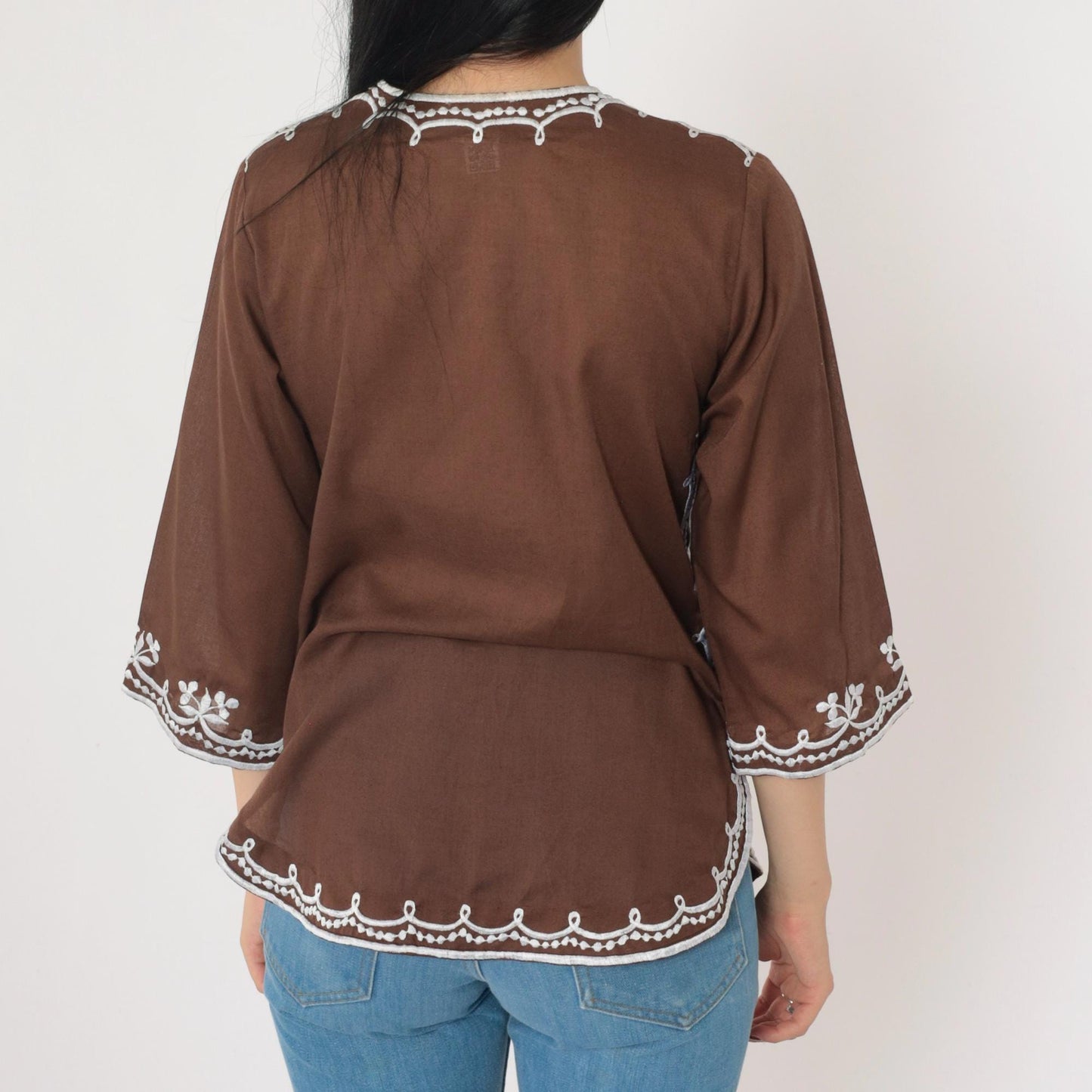 90s Brown Floral Embroidered Button-Up Blouse 3/4 Sleeve Small S