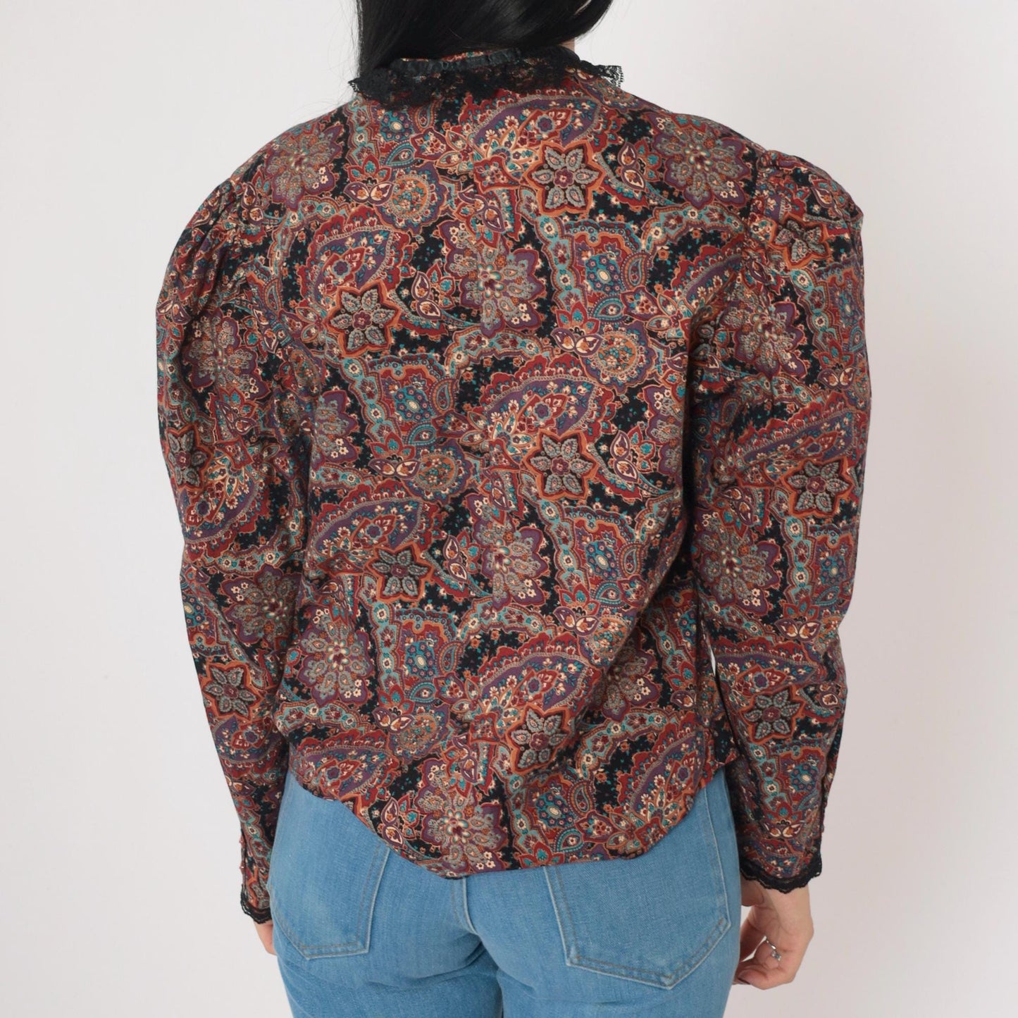 80s Paisley Button Up Blouse Puff Sleeve Lace Trim Purple Large