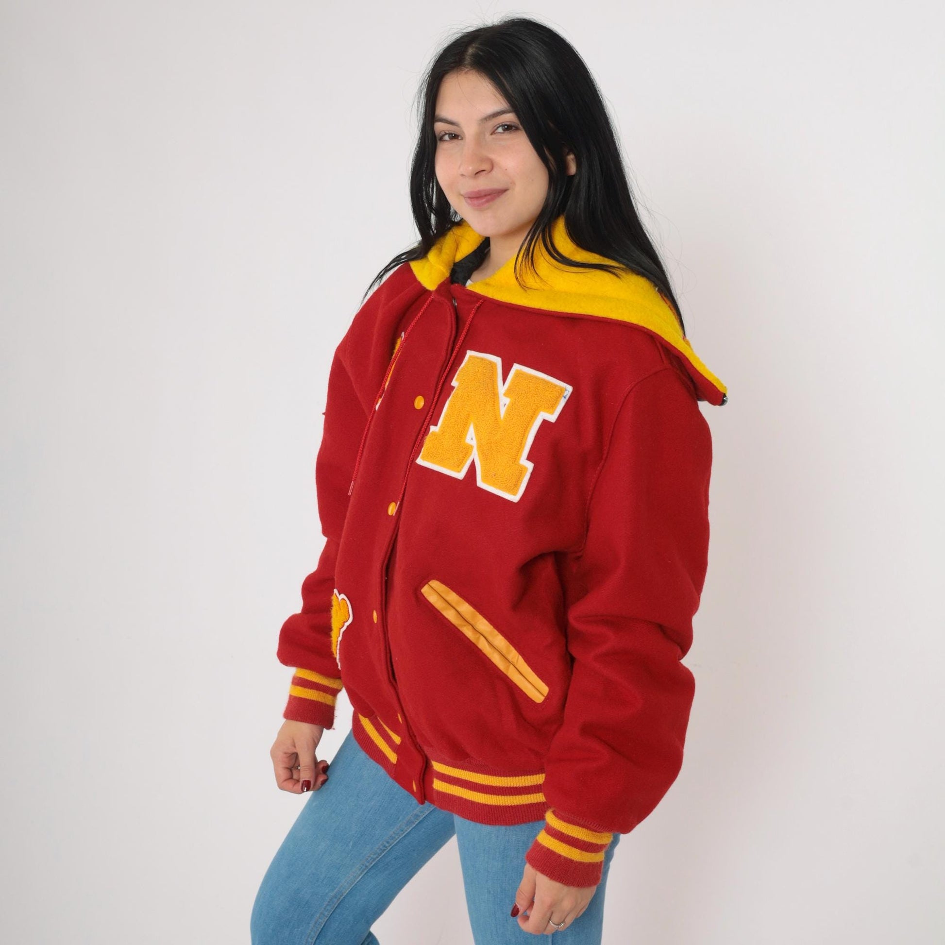 Y2K Letterman Jacket Red Gold Wool Blend Hooded Varsity Coat Large L