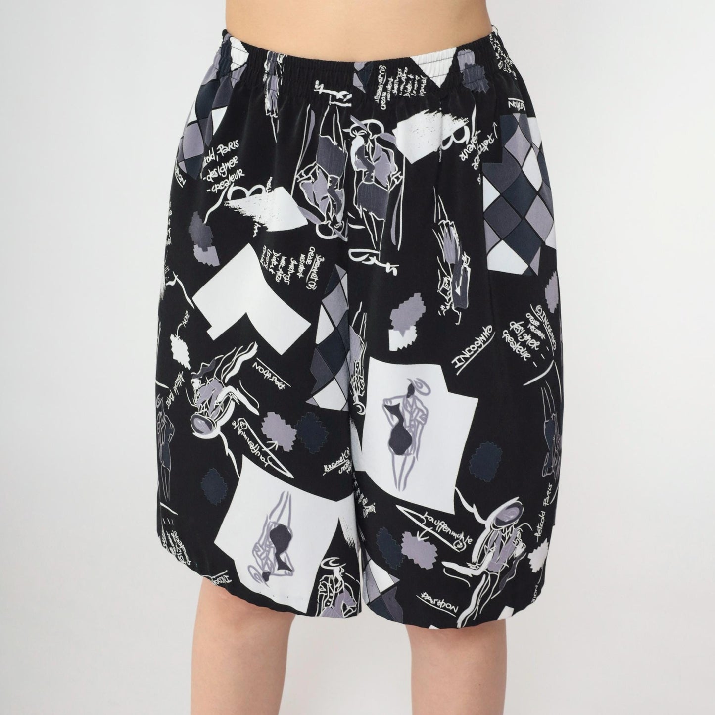 90s Black White Abstract Graphic Shorts Elastic Waist Baggy Medium Large