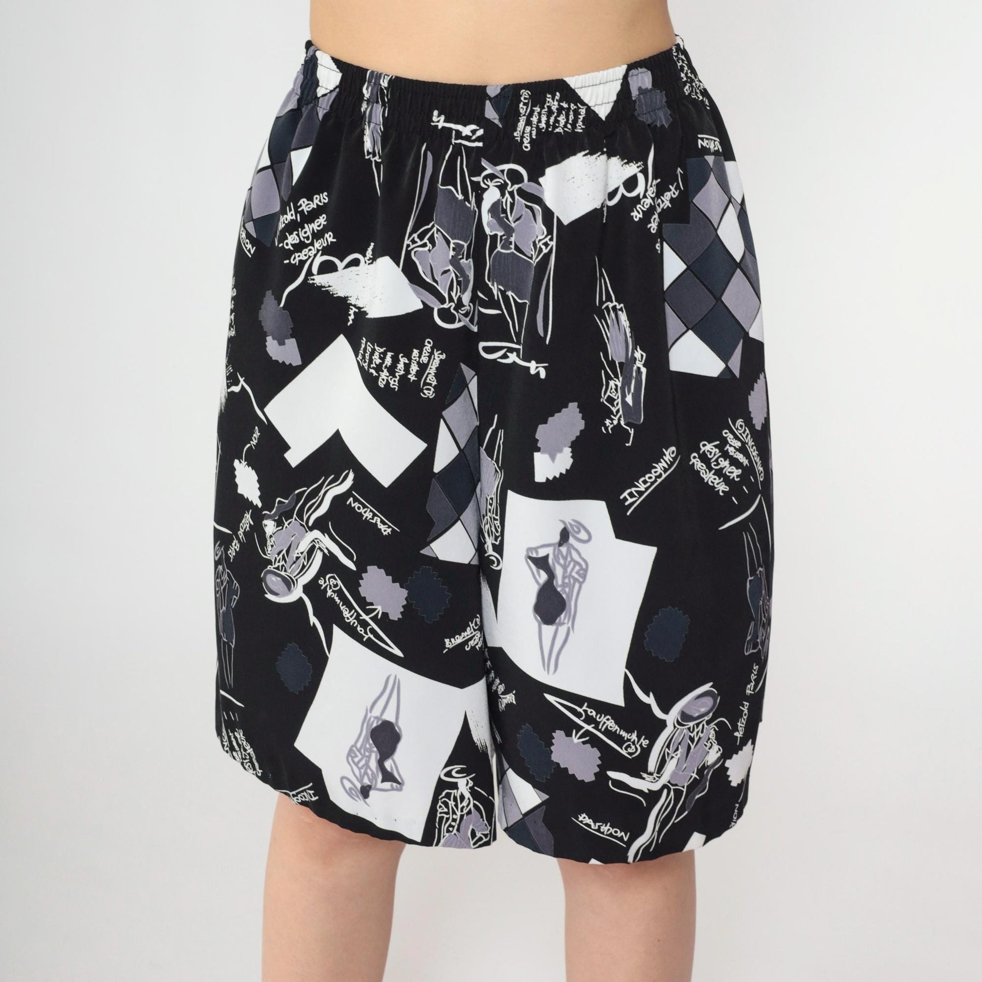 90s Black White Abstract Graphic Shorts Elastic Waist Baggy Medium Large